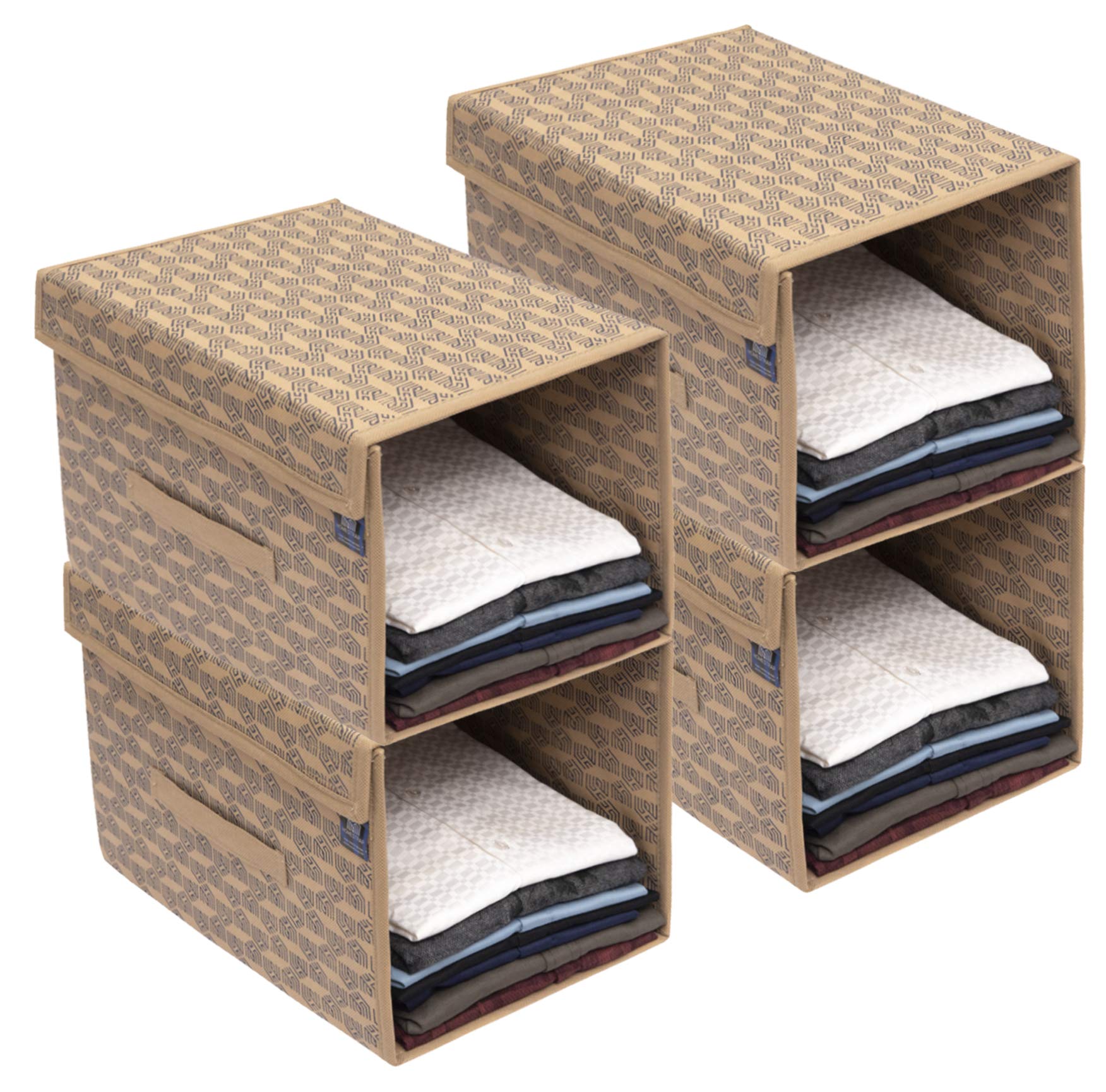 HomeStrap Printed Clothes Stacker Set of 4 | Non-Woven Foldable Shirt Storage for Wardrobe | Stackable Shelf Organizer for T-Shirts, Shirts, Jeans, Tops & Kurtis with Lid Cover | Beige