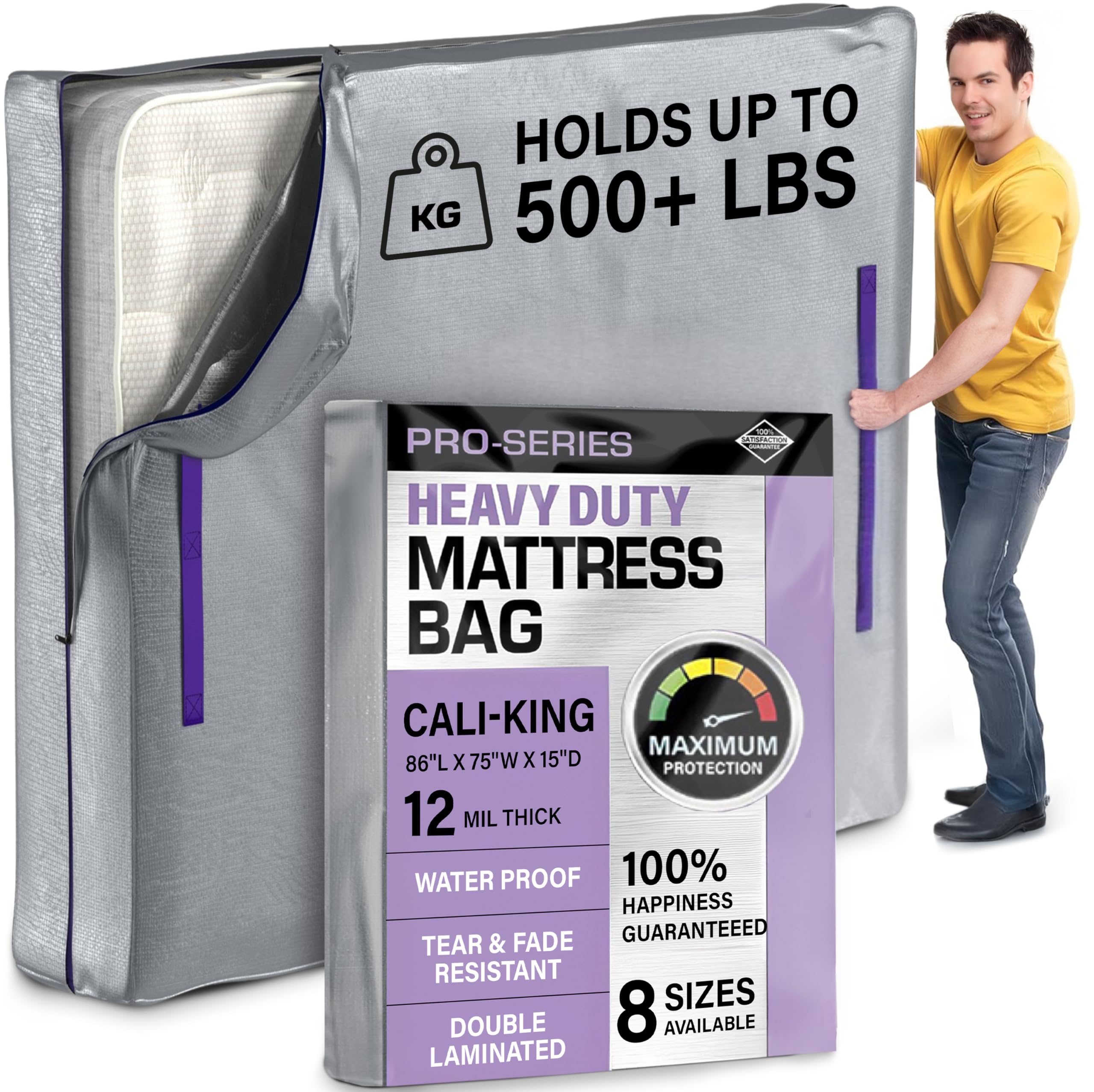 Cal King Mattress Bags For Moving, California King Mattress Bag For Moving - Heavy Duty 10 Mil Zipper Mattress Cover For Moving w 8 Carry Handles -