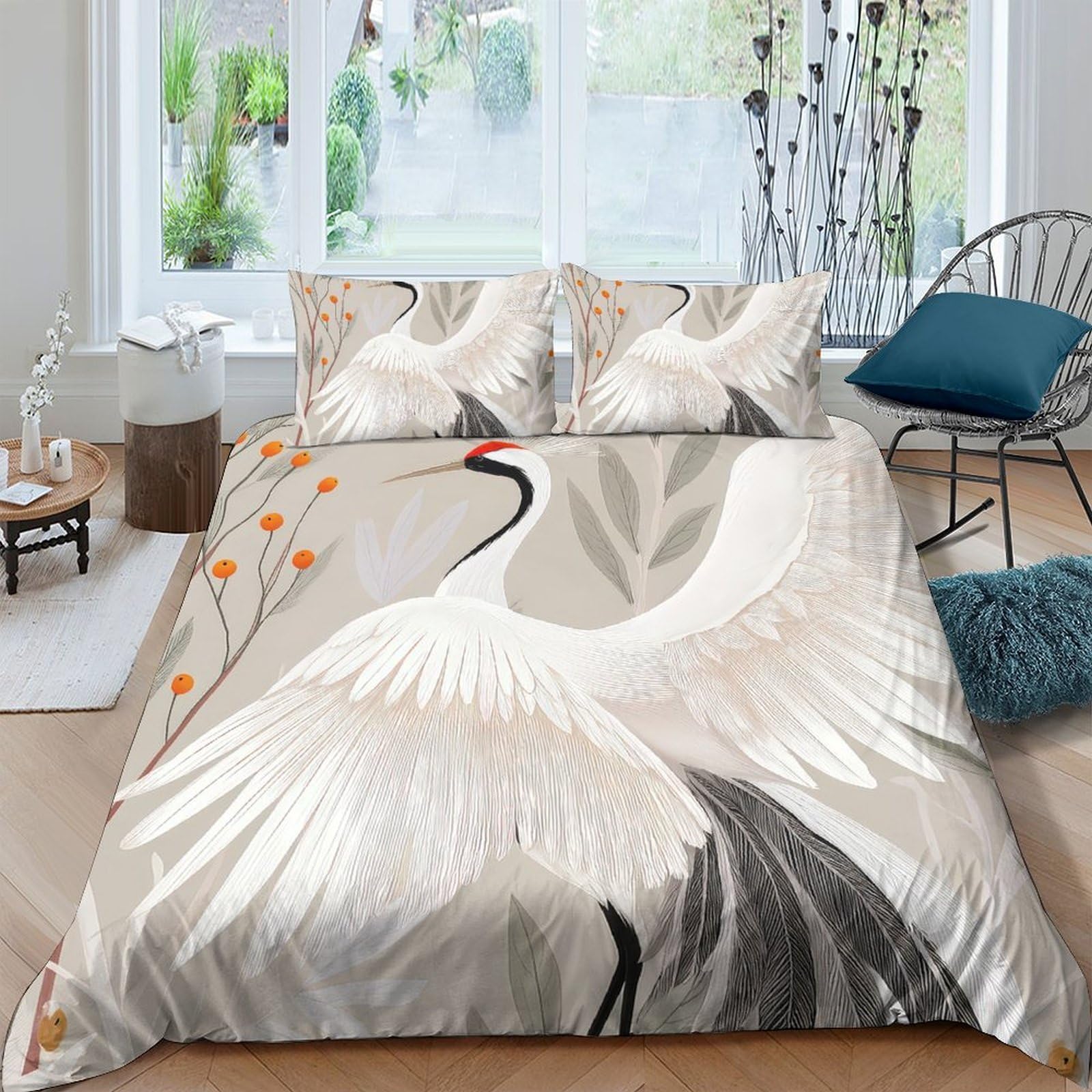 Ctjqhvkz Style-10 3D Printed Crane Bird Fitted Sheet Microfiber Soft Beige Nature Art Mattress Cover For Bedroom Guestroom Decor Single（135X200cm）