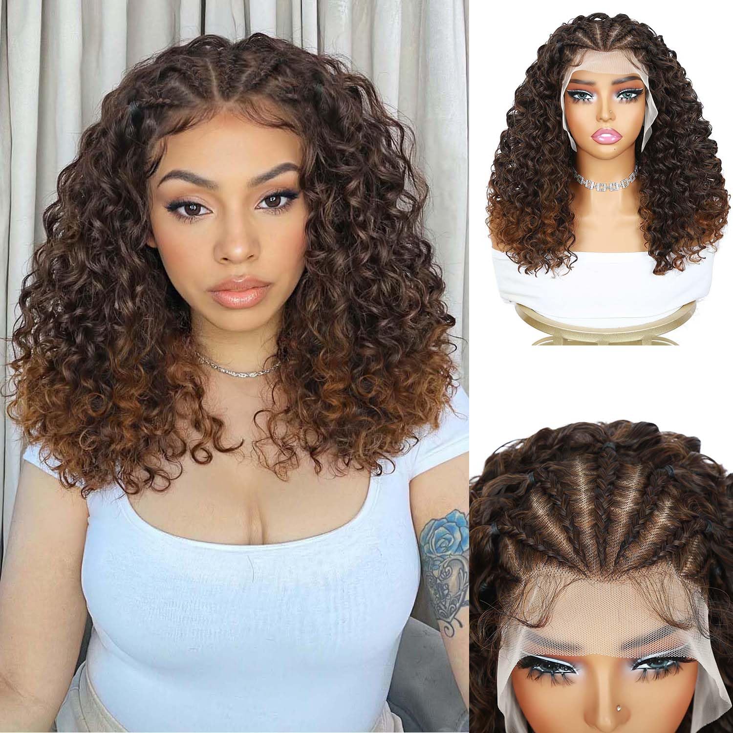 Quantum Love Braided Wig for Black Women Braids Cornrows Lace Curly Wigs 16 Inch Lace Frontal Braided Fully Curly Ombre Brown Bob Synthetic Glueless