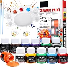 Teokantz Ceramic Paint Set, 12 x 25 ml Porcelain Paint Dishwasher Washable after Firing, Opaque Ceramic Paints for Pottery, DIY Mugs, Cups, Plates, Ceramics, with 1 Painting Palette & 2 Brushes