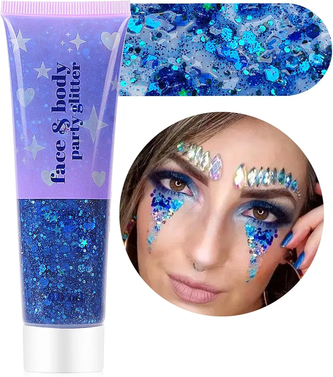 ANGXILIN High Capacity 60ML Chunky and Fine Mixed Face Body Glitter with Gel for Singer Concerts Rave Party Makeup,Quick Dry Long Lasting Holographic Iridescent Sequins Glitter Gel (Blue New)
