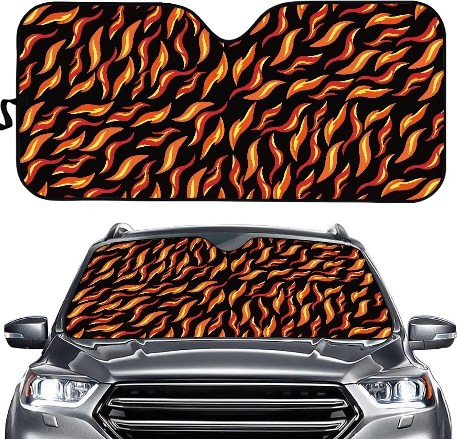 Amzbeauty Orange Red Flames Print Premium Car Windshield Sunshade Easy Install Keeps Dashboard Cool Sun Protection