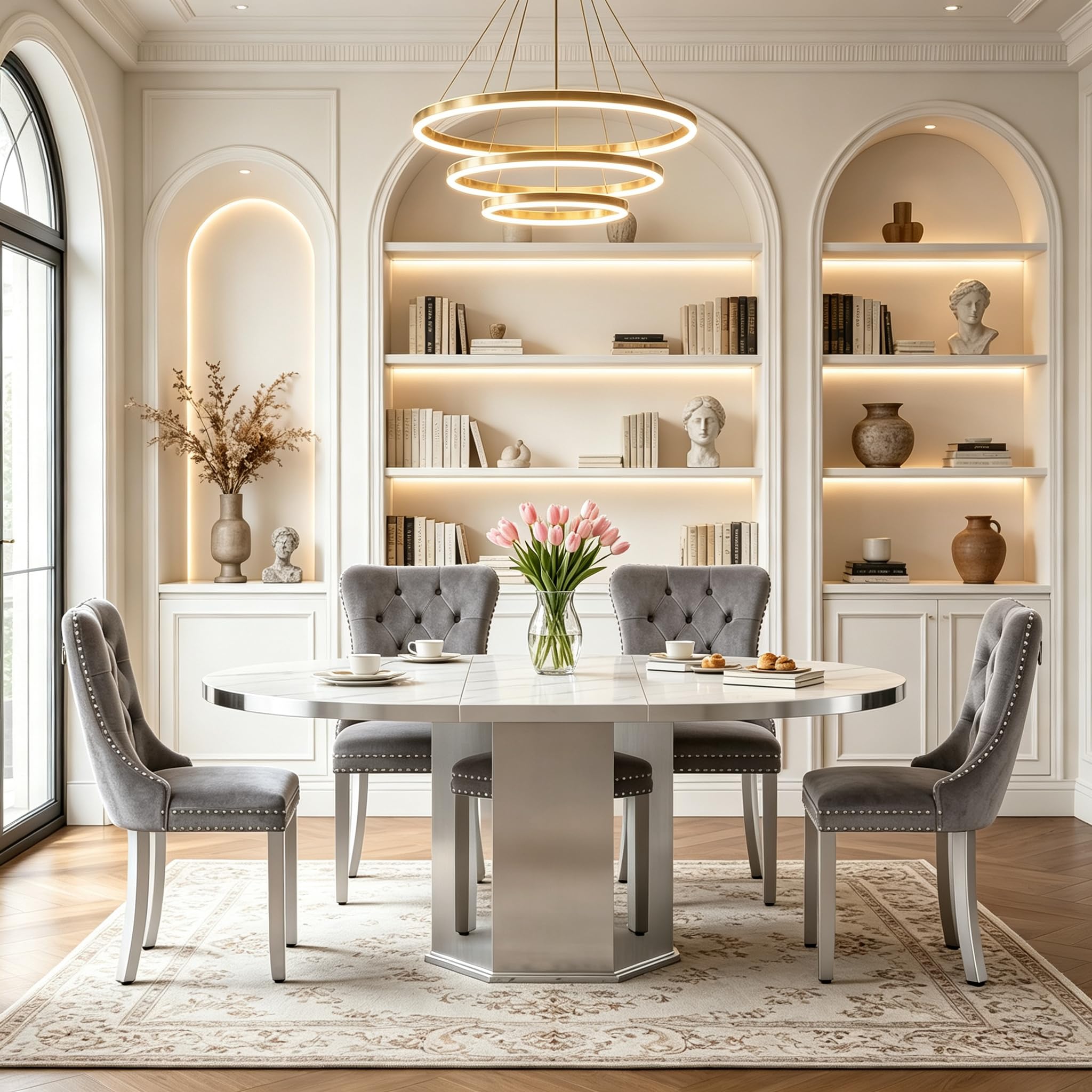 5 Pieces White Faux Marble Extendable Dining Table Set, 47"-63" Round Expanding Kitchen and Dining Room Table Set for 4 with Mirrored Acrylic Base &amp; Grey Velvet Upholstered Chairs