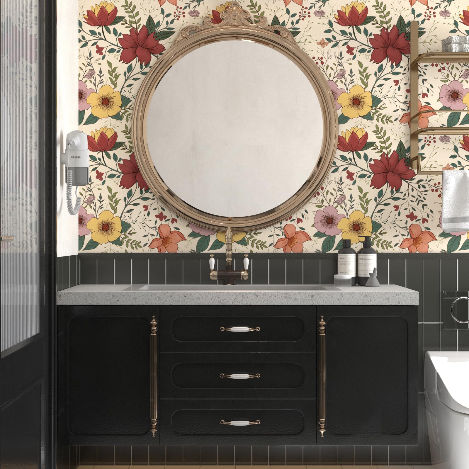 VOLEAAR 44.5CM x 1000CM Floral Peel and Stick Wallpaper - Vintage Boho Leaf Flower Design - Yellow, Pink, Red - Image 3