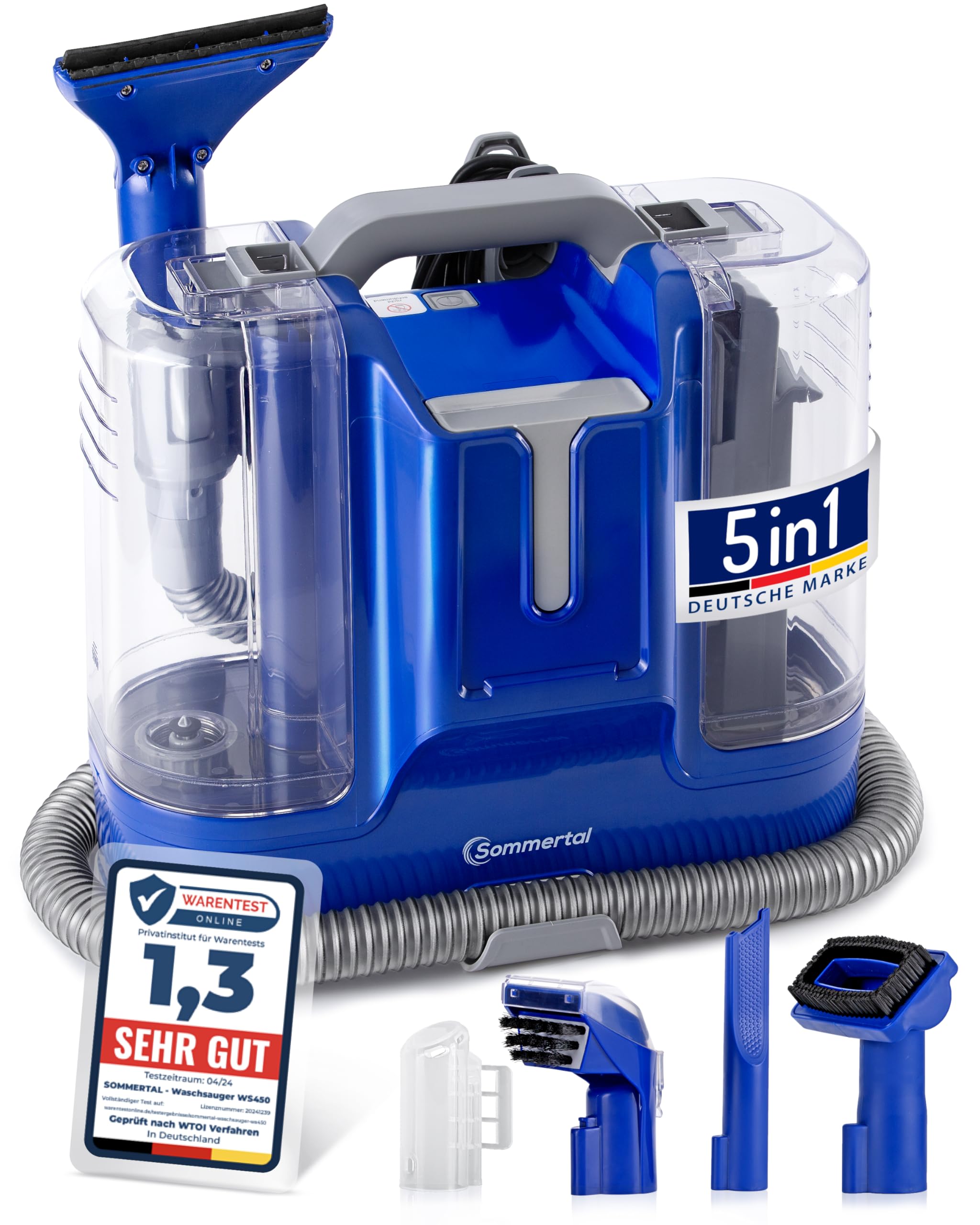 SOMMERTAL MultiCleaner WS450 5in1 Gerät für Teppiche, Treppen, Polster, Sofa, Auto, Tiere, Flecken, Leistungsstarker 450w Motor, Waschsauger, mit Zubehör, Selbstreinigung