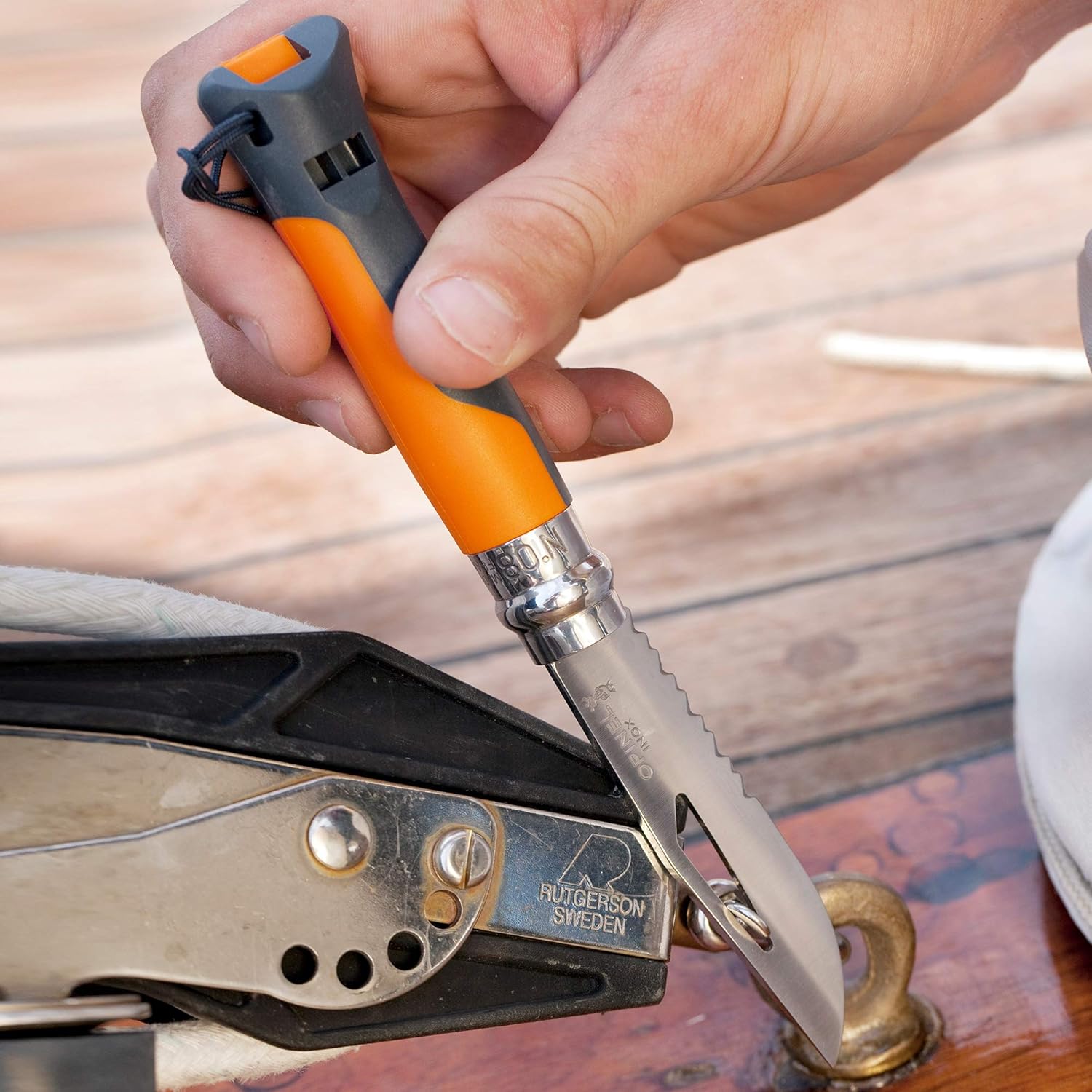 OPINEL No. 08 Outdoor Folding Knife + Multitool - Partially Serrated Stainless Steel Blade, Nonslip Handle, Survival Whistle, Shackle Key (Orange)