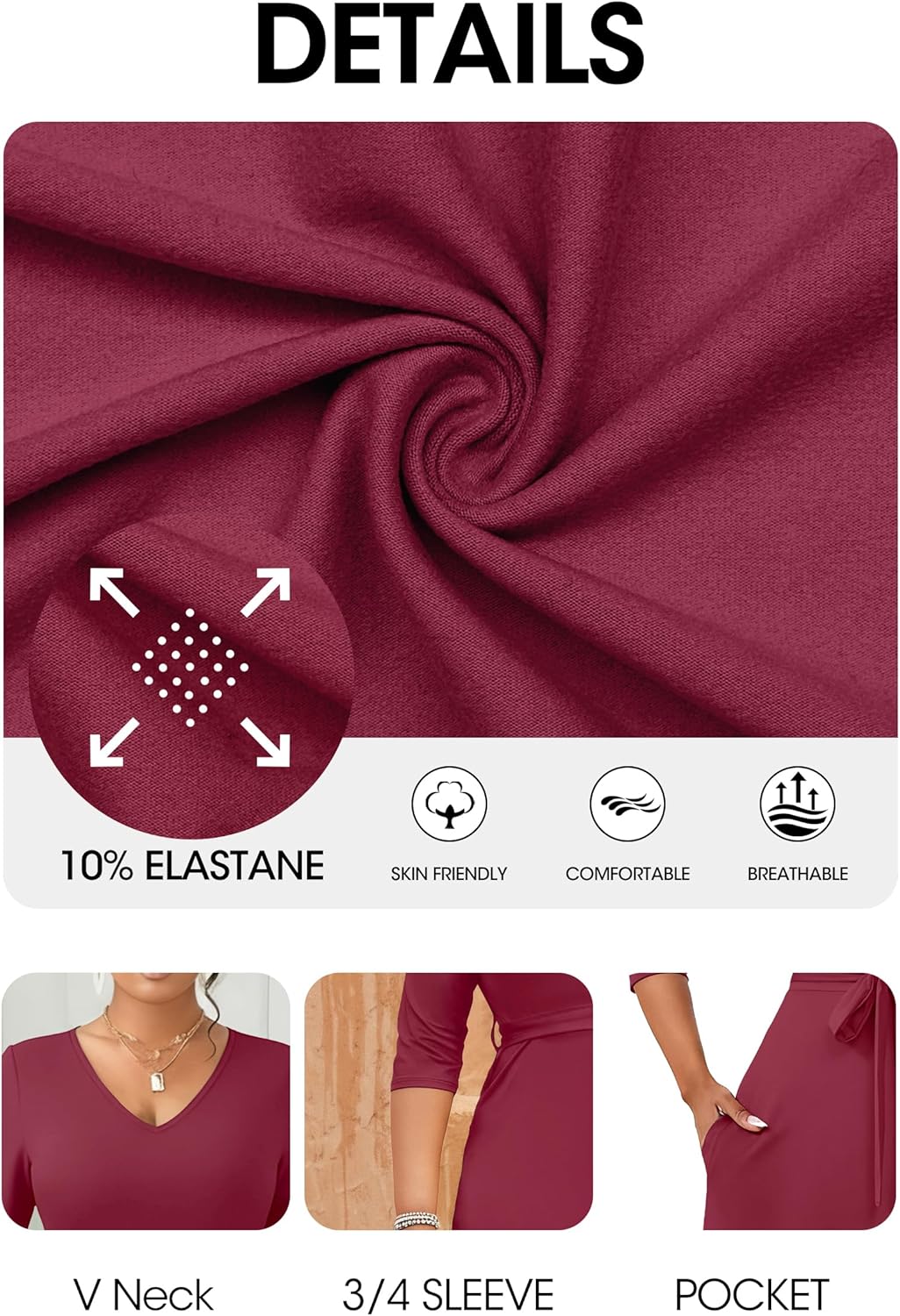 FANDEE Maxi Dress for Women, Long Casual Empire Waist Dresses 3/4 Sleeve V-Neck with Pockets - Image 6