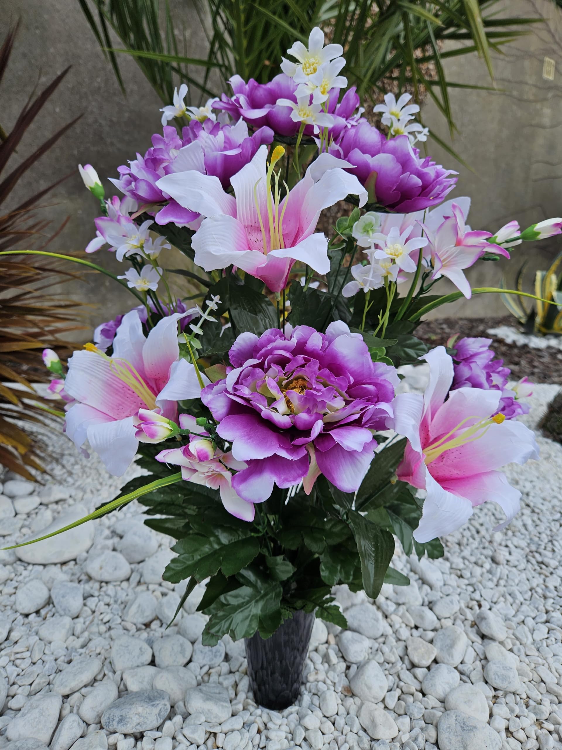 Jardinière De Fleurs Artificielles Lestée Ciment - 37x40 Cm - Pour Tombe, Terrasse, Intérieur - Réalisé Main