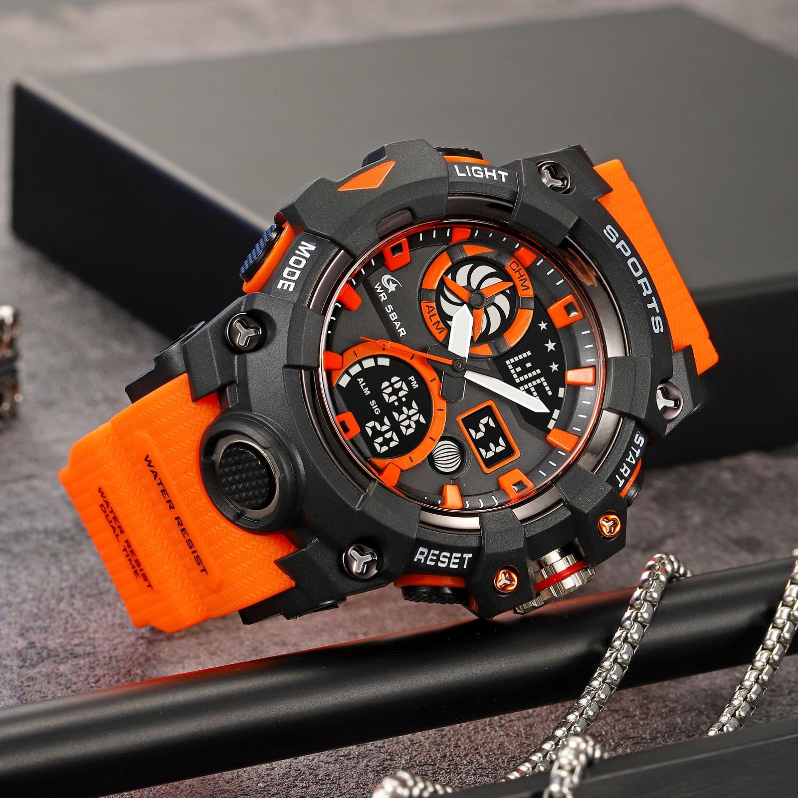 Orologio analogico digitale da uomo, sportivo, arancione, robusto, quadrante grande, doppio quadrante, retroilluminazione a LED, sveglia, cronometro, orologio da polso per allenamento, escursionismo