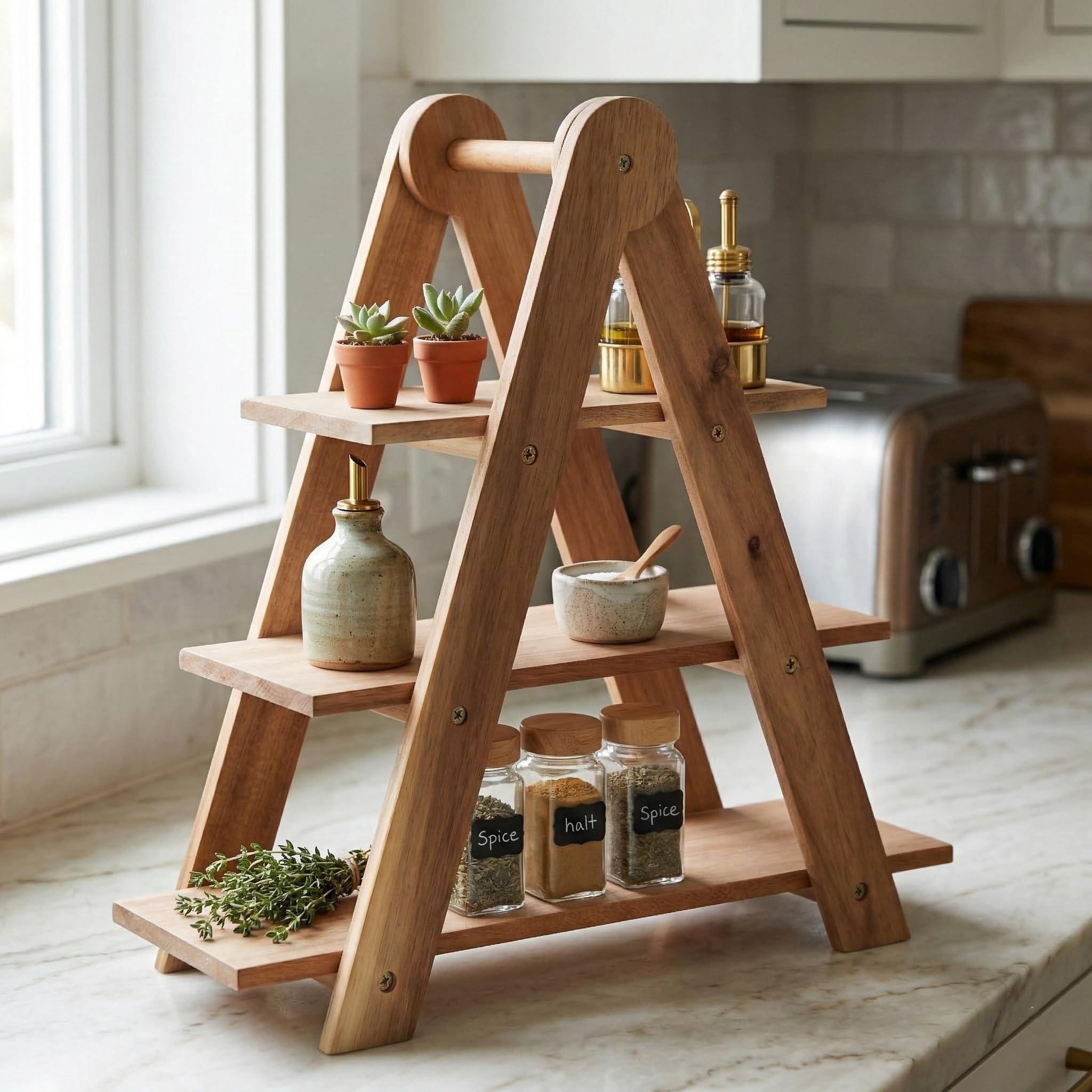 Deconox Doğal Akasya Ahşap 3 Katlı Sunum Standı - 37x12.3x37.5 cm Çok Amaçlı Katlı Servis Tepsisi, Kurabiyelik ve Peynir Sunumluğu