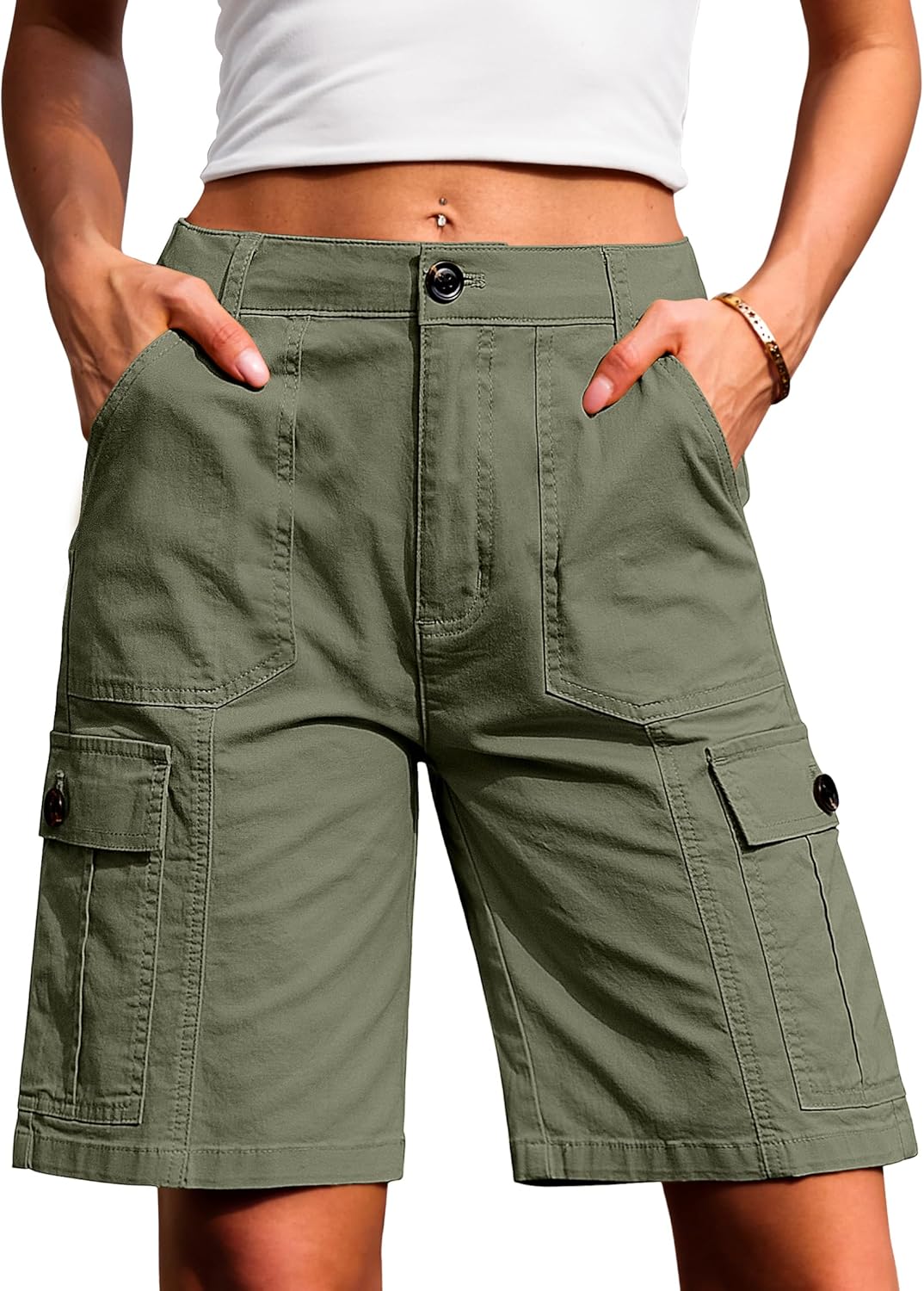 Eddoyee Bermuda Cargo Shorts for Women Casual Long Knee Length High Waisted Stretch Wide Leg Relaxed Fit