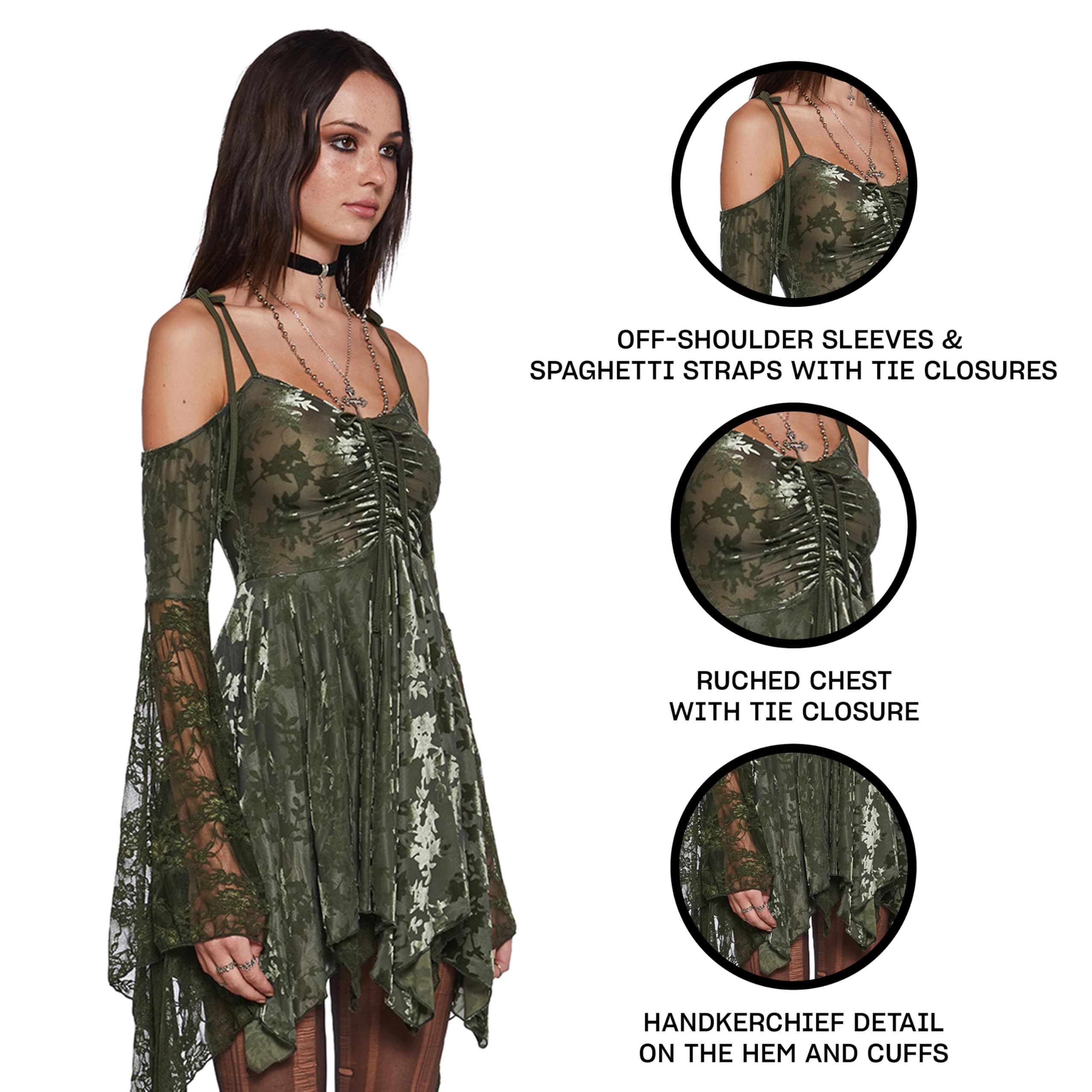 Dolls Kill F is for Fairies Handkerchief Dress by Current Mood Perfect for Fairycore Fashion: XX-Large Green Velvet Lace