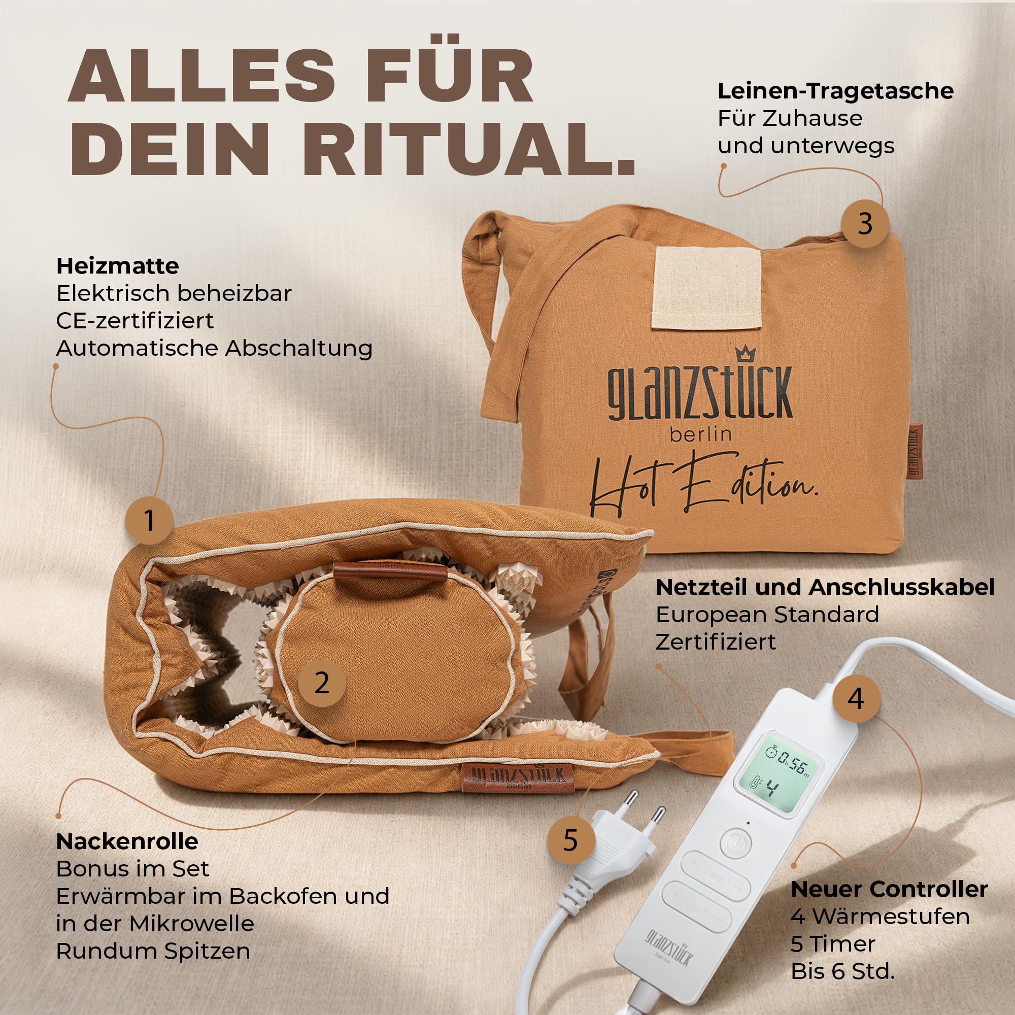 Glanzstück Berlin® Health Collection: set XL per agopressione Hot Edition riscaldabile elettricamente in lino, aiuto per tensioni, mal di schiena, tappetino da massaggio con borsa per cuscino