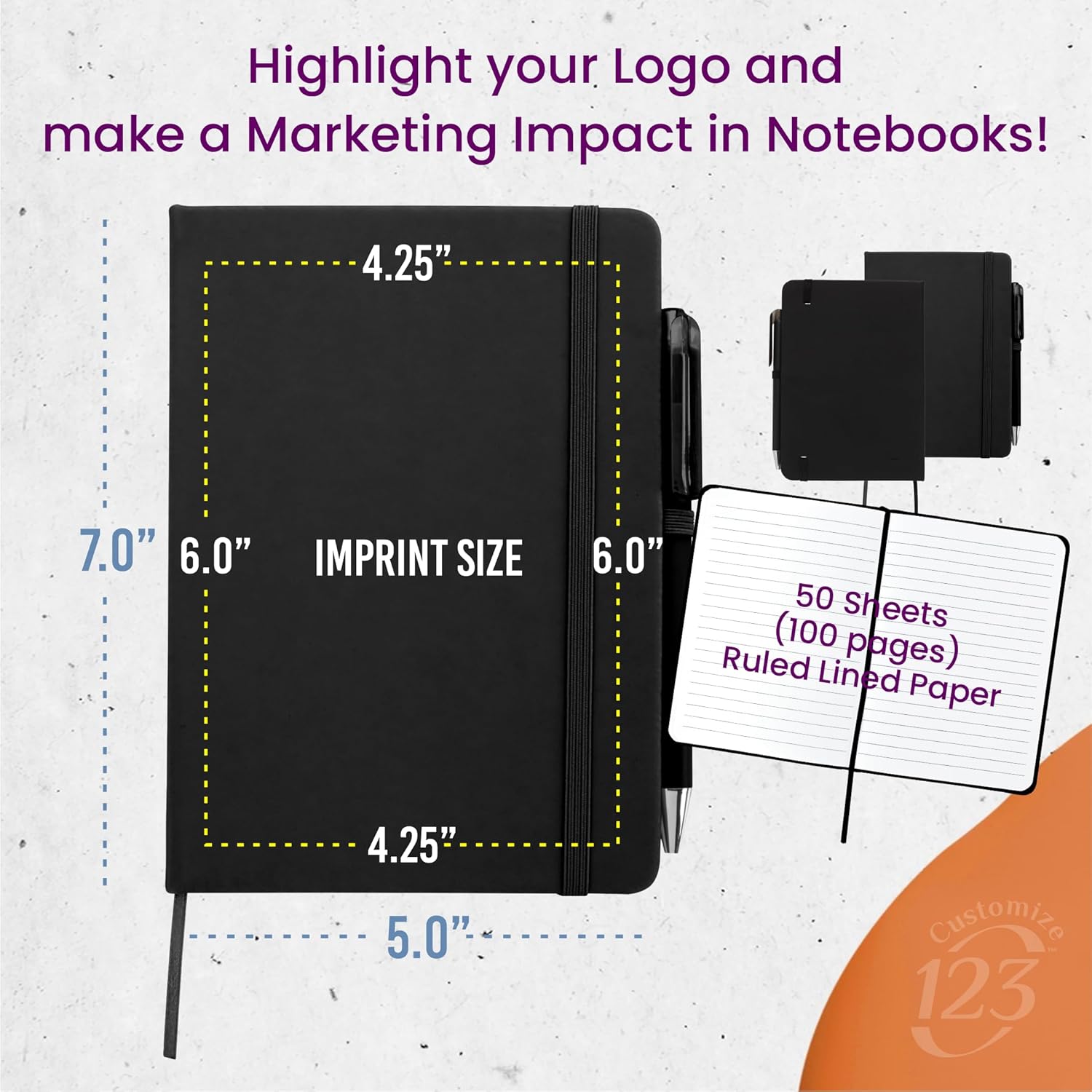 Personalized Notebook Journal – 5” x 7” – 12 Pack – Customized Notebook with Name, Text or Logo - 100 Page Custom Journal, Leatherette Hardcover & Pen - Black