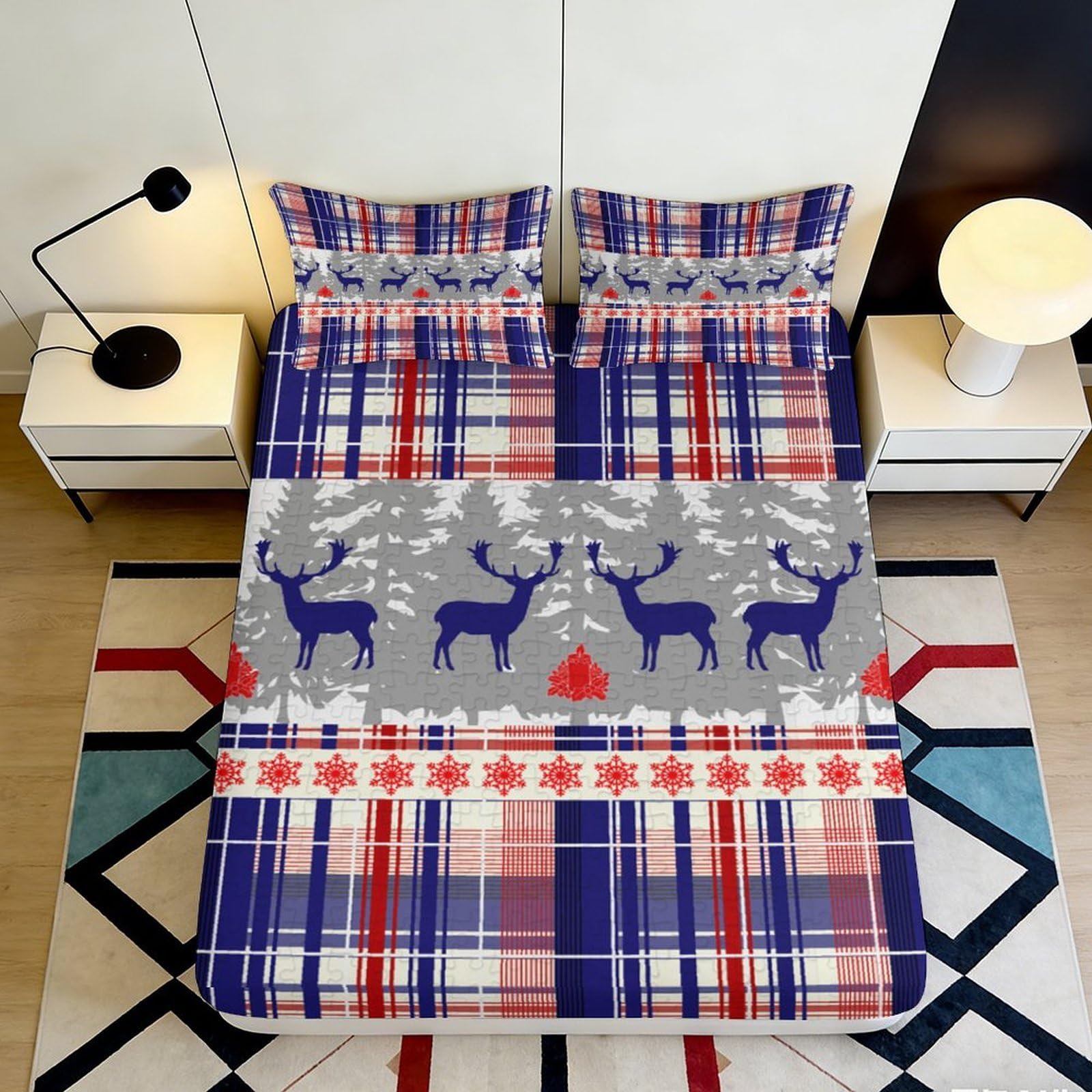 3D Printed Blue Red Plaid Reindeer Fitted Sheet Microfiber Soft Durable Snowflake Bed Cover for Bedroom Dormitory Guest Room Mattress Protection 140x200x25cm