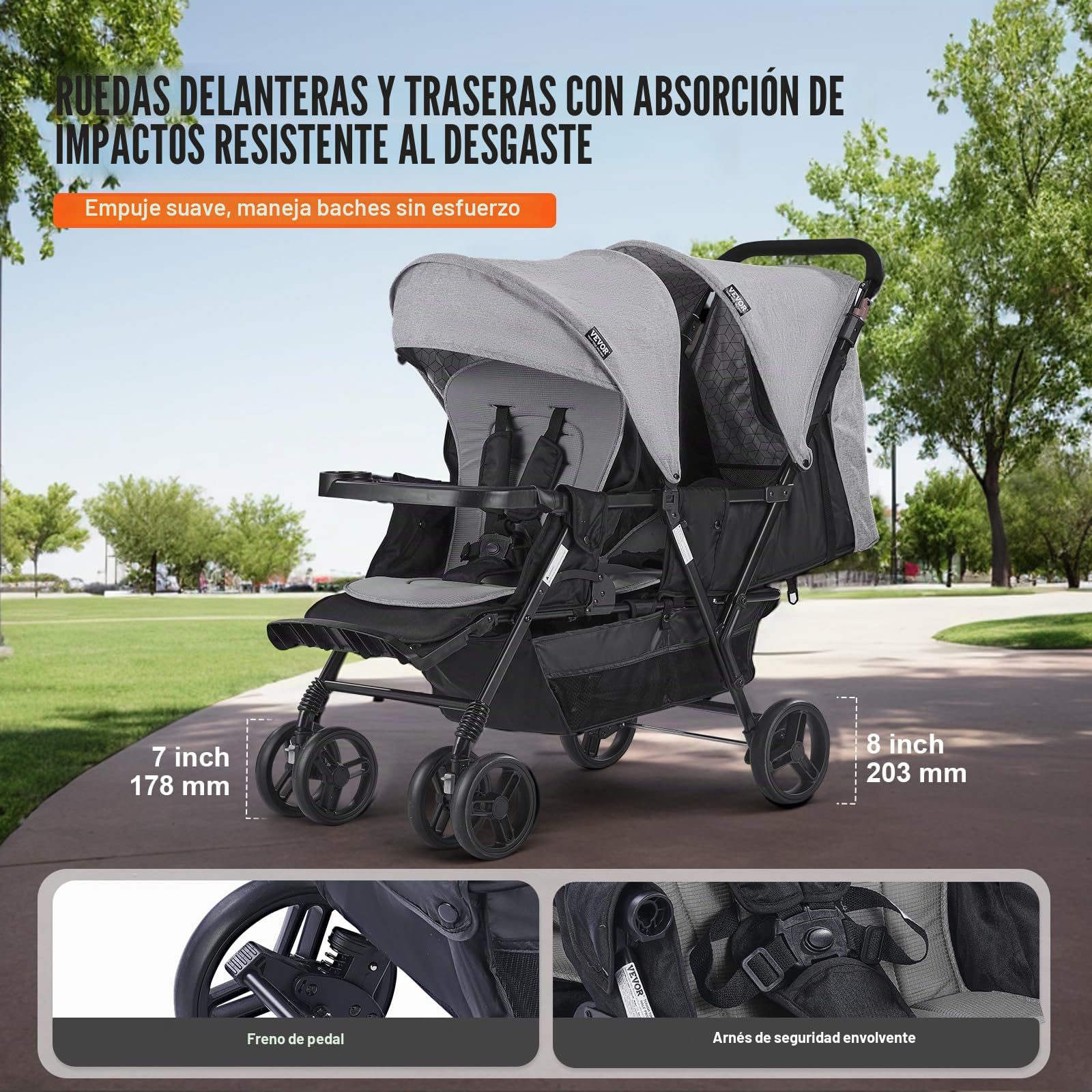 VEVOR Cochecito Doble Ligero y Plegable con Asiento Tándem Respaldo Reposapiés Ajustable Cinturón de Seguridad Envolvente Cesta de Almacenamiento para Recién Nacidos y Niños Pequeños, Gris Oscuro