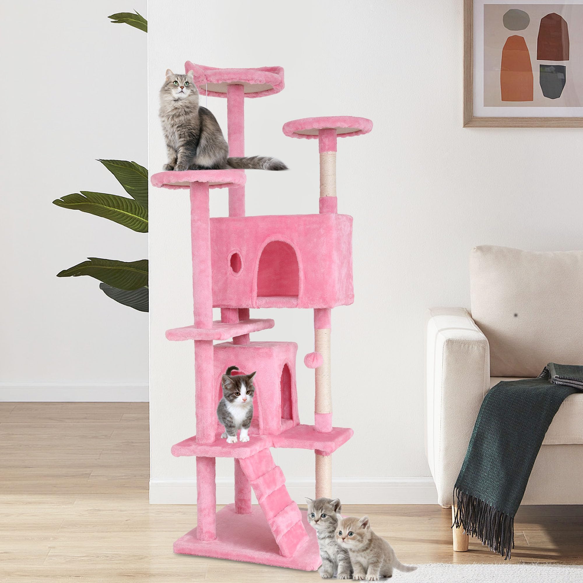 GINMAON 70 Inch Cat Tree, Tall Cat Tower for Indoor Cats, Multi-Level Cat Tree Tower W/2 Cat Condo, Cat Climbing Tower W/3 Cat Scratching Posts & Top Platforms of Cats (Pink)