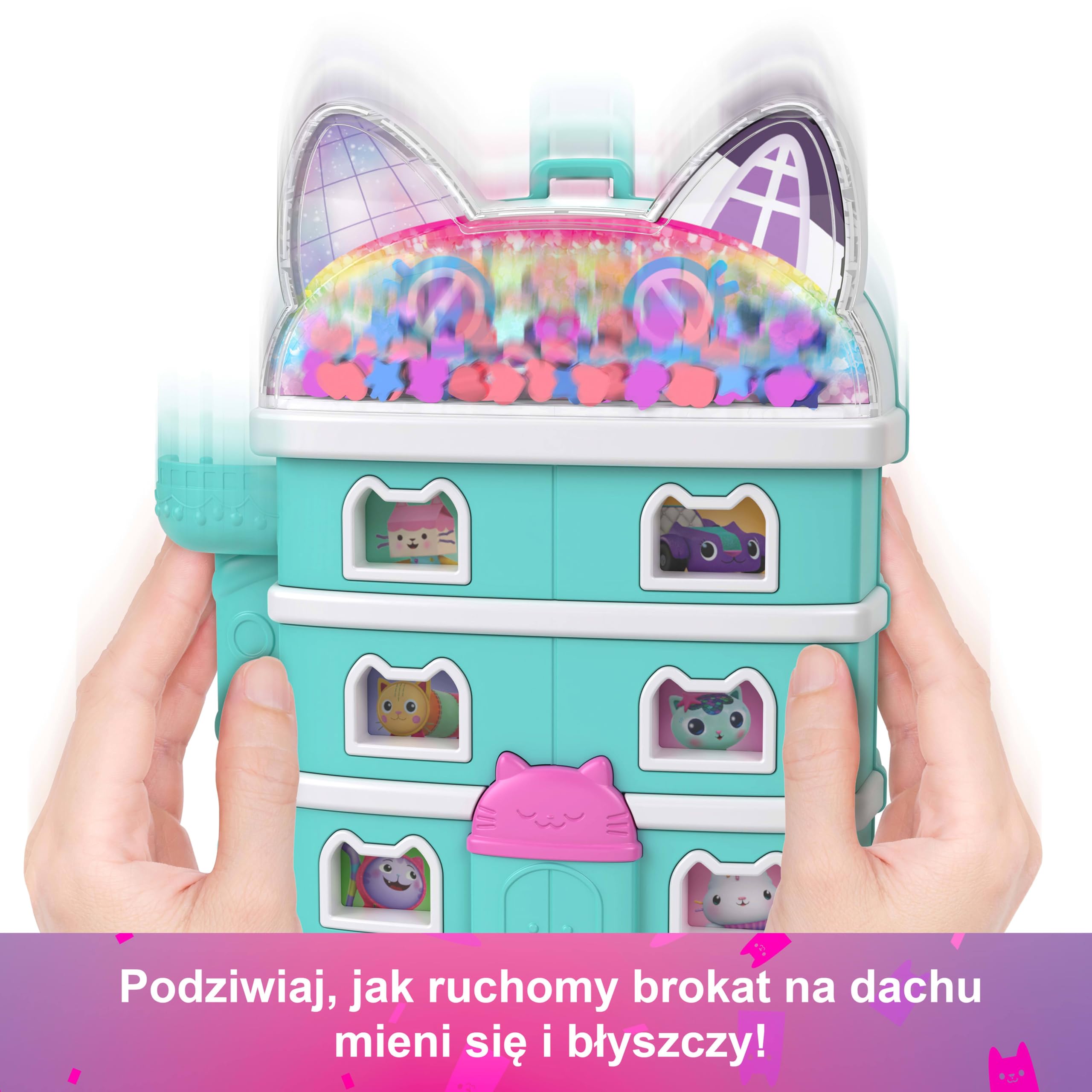 Polly Pocket Koci Domek Gabi Zestaw kompaktowy + mikro lalka, 9 akcesoriów tematycznych i figurki przyjaciół: Kiciusia Pandusia, Łakotka i Syrenkotki, zabawka dla dzieci 4+, JFV02