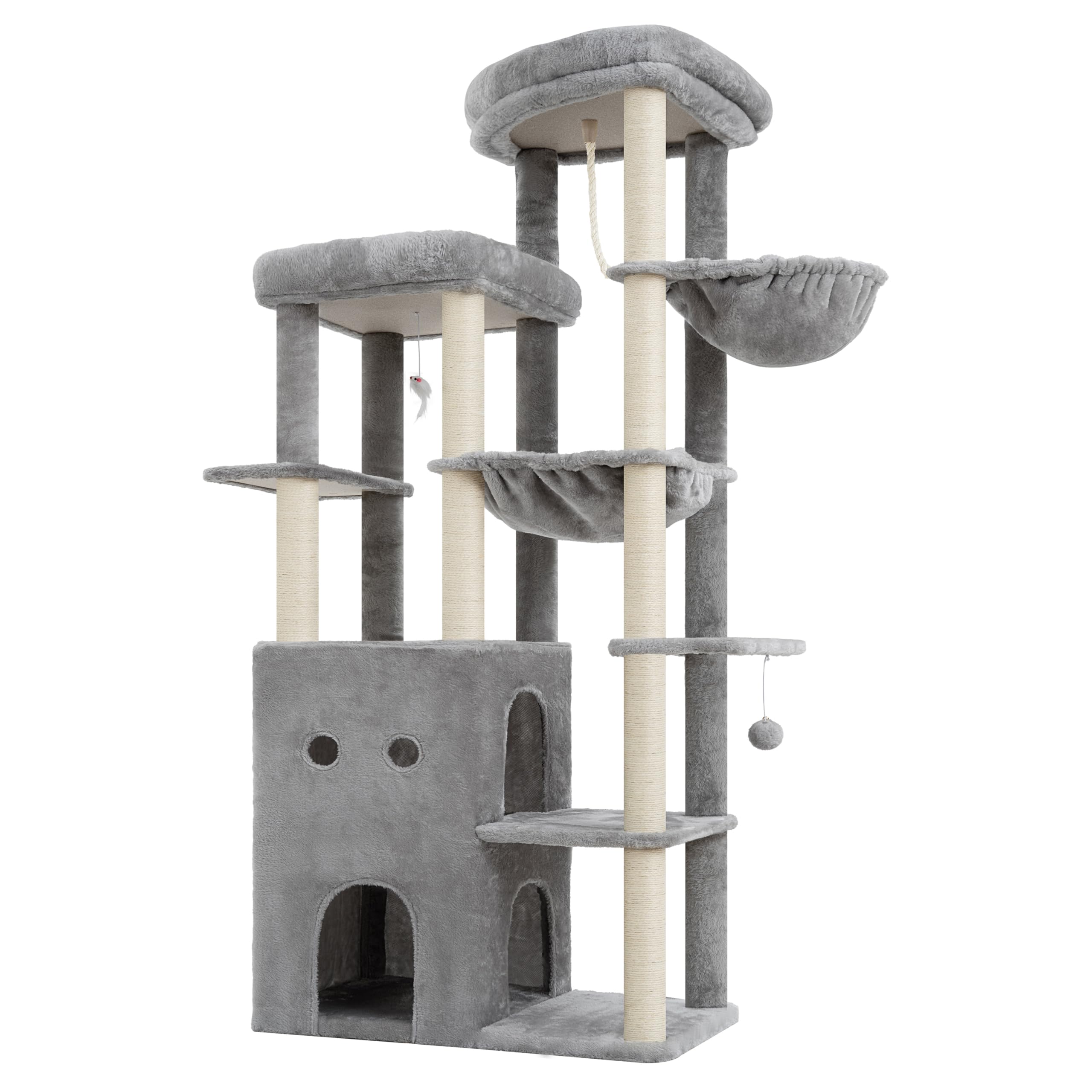 Heybly Árbol para Gatos 177 cm con 2 Plataformas Cesta Hamaca Cueva | 2 plataformas superiores,cueva doble,pelota y ratón de juguete,felpa suave,postes de sisal,para interior, Gris Claro HCT065W