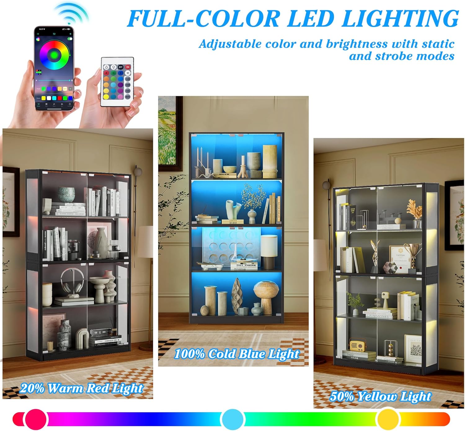 RGB Glass Display Cabinet, App & Remote Controlled Display Case with Music Sync, 4-Tier tall Curio Cabinet for Collectibles Storage, Tall Bookcase with 4 Shelves (Black, 14"D x 32"W x 65"H)