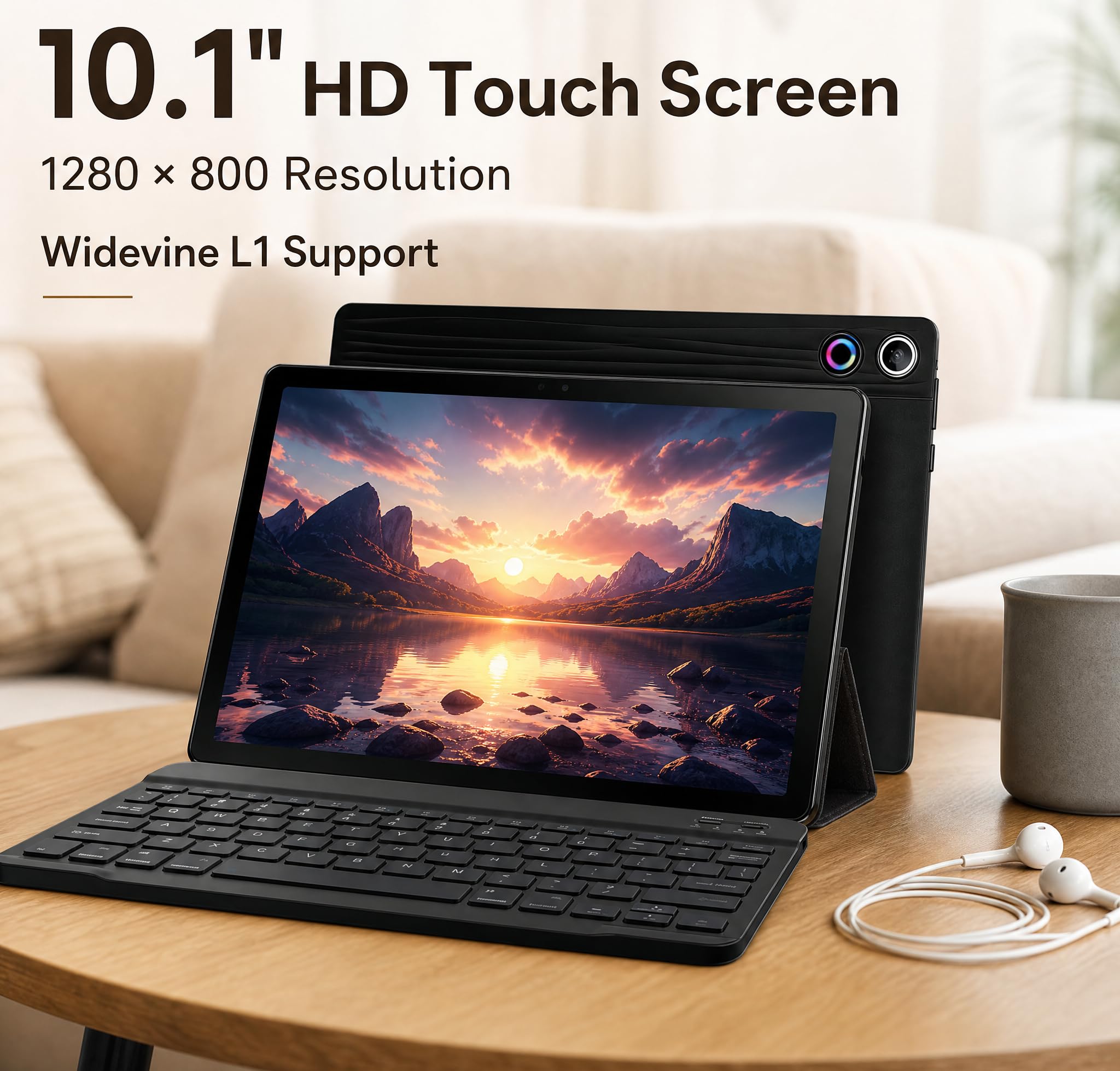 Tablet Android 16 de 10.1 pulgadas con pantalla táctil IPS HD, cámara dual, almacenamiento de 64 GB de expansión de 1 TB, kit de tabletas 8 en 1 con teclado, funda protectora, mouse, lápiz óptico, BT