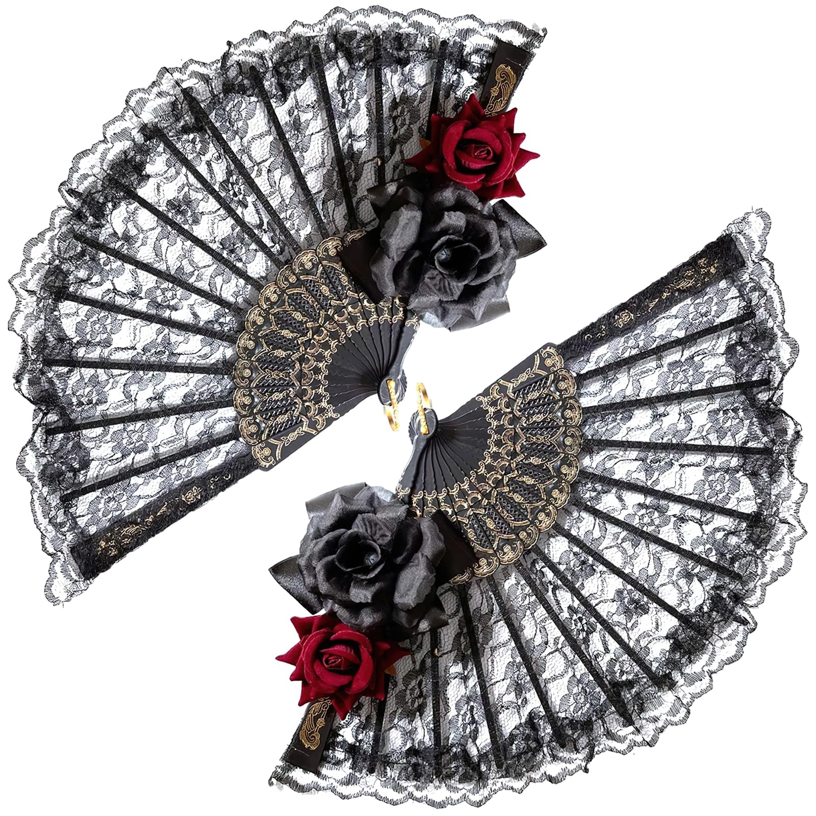BASEMMAHER 2Pcs Halloween Black Hand Fan Lace Black Red Rose Handheld Vintage Gothic Flower Retro Spanish Large Folding Handheld Fan for Women Girls Cosplay Performance Costume Party Photo Props