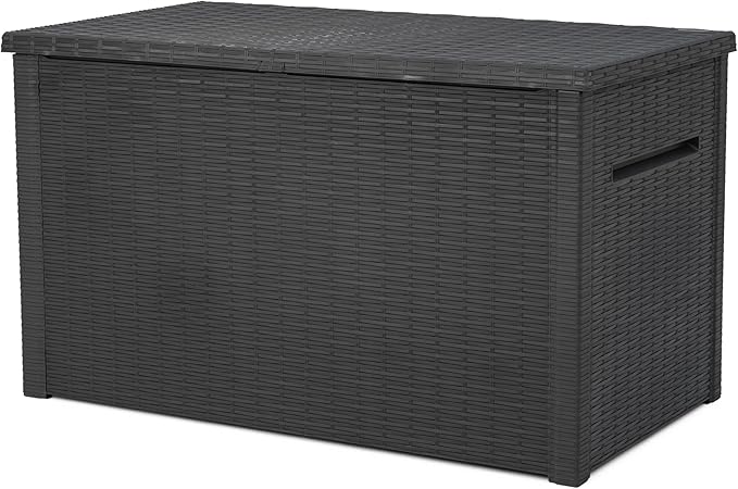 Keter Java XXL 230 Gallon Resin Rattan Look Large Outdoor Storage Deck Box for Patio Furniture Cushions, Pool Toys, and Garden Tools, Dark Grey