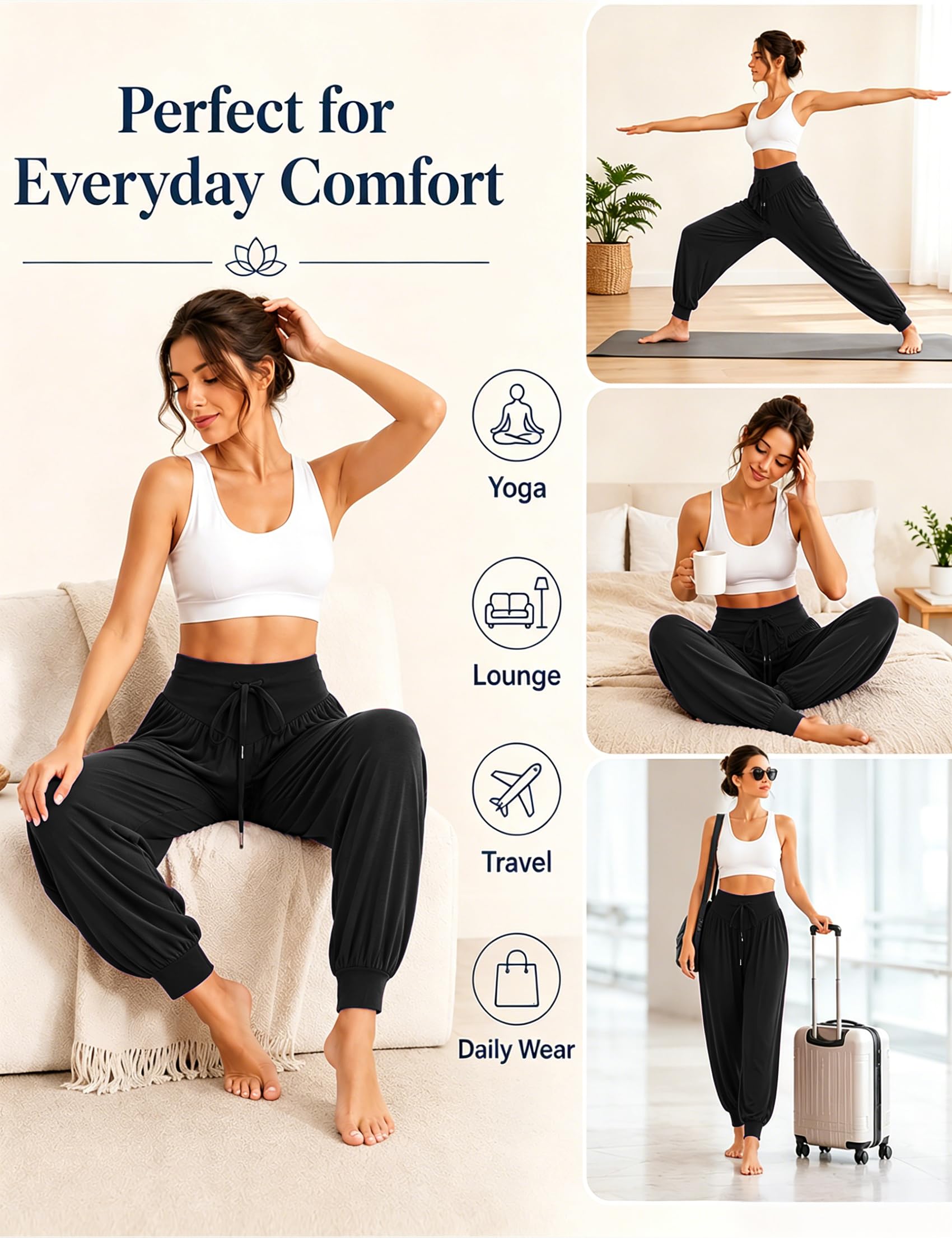 Terecey Yogahose Damen Lang Haremshose Sommer Leicht Pumphose Ballonhose Pluderhose Locker Freizeithose Jogginghose Yoga Hose mit Taschen S-XXL