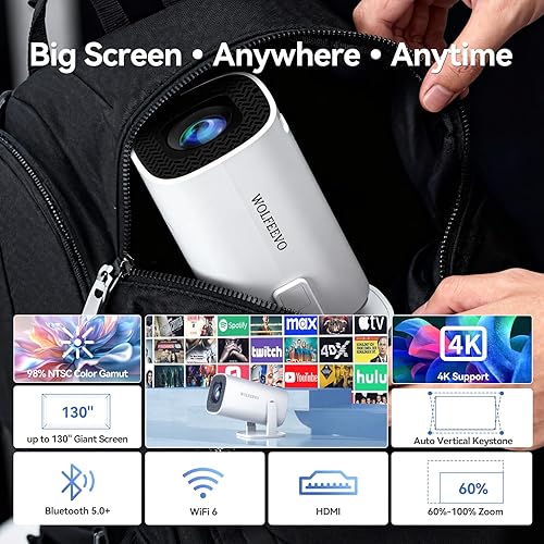 Miniatura 2 de Mini proyector con WiFi 6 y Bluetooth 5.0, proyector portátil 4K compatible con sistema Android14, rotación de 210, proyector inteligente Keystone