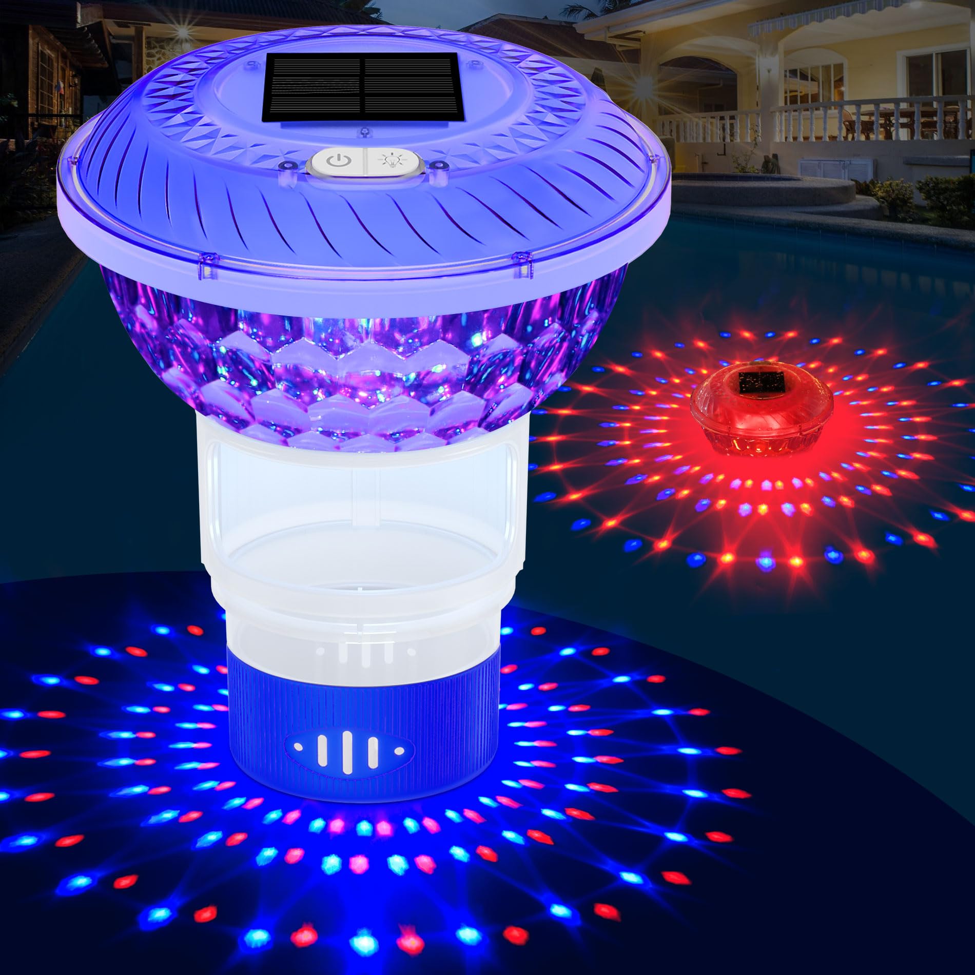 Solar Chlorine Floater with Colorful Light Show, Button Control Pool Chlorines Floaters, Chlorine Floater with Adjustable Release, Easy Opening Floating chlorines Dispenser for Pool, Hot Tub