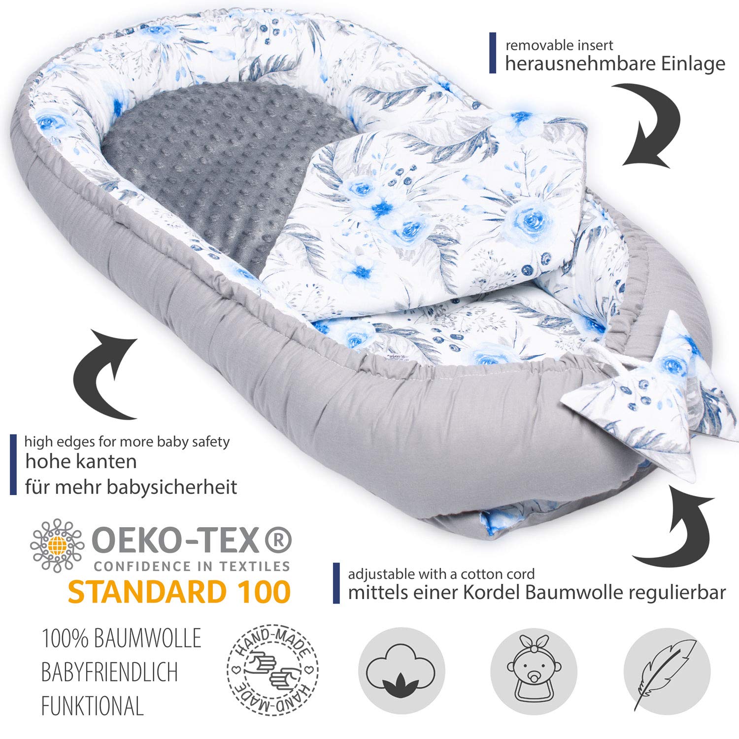 PaLulli 5 Piezas Baby - Set de Equipamiento para bebés (95 x 55 cm, colchón para bebé extraíble, Manta para acurrucarse, cojín para el Cuello, 100% algodón, hipoalergénico