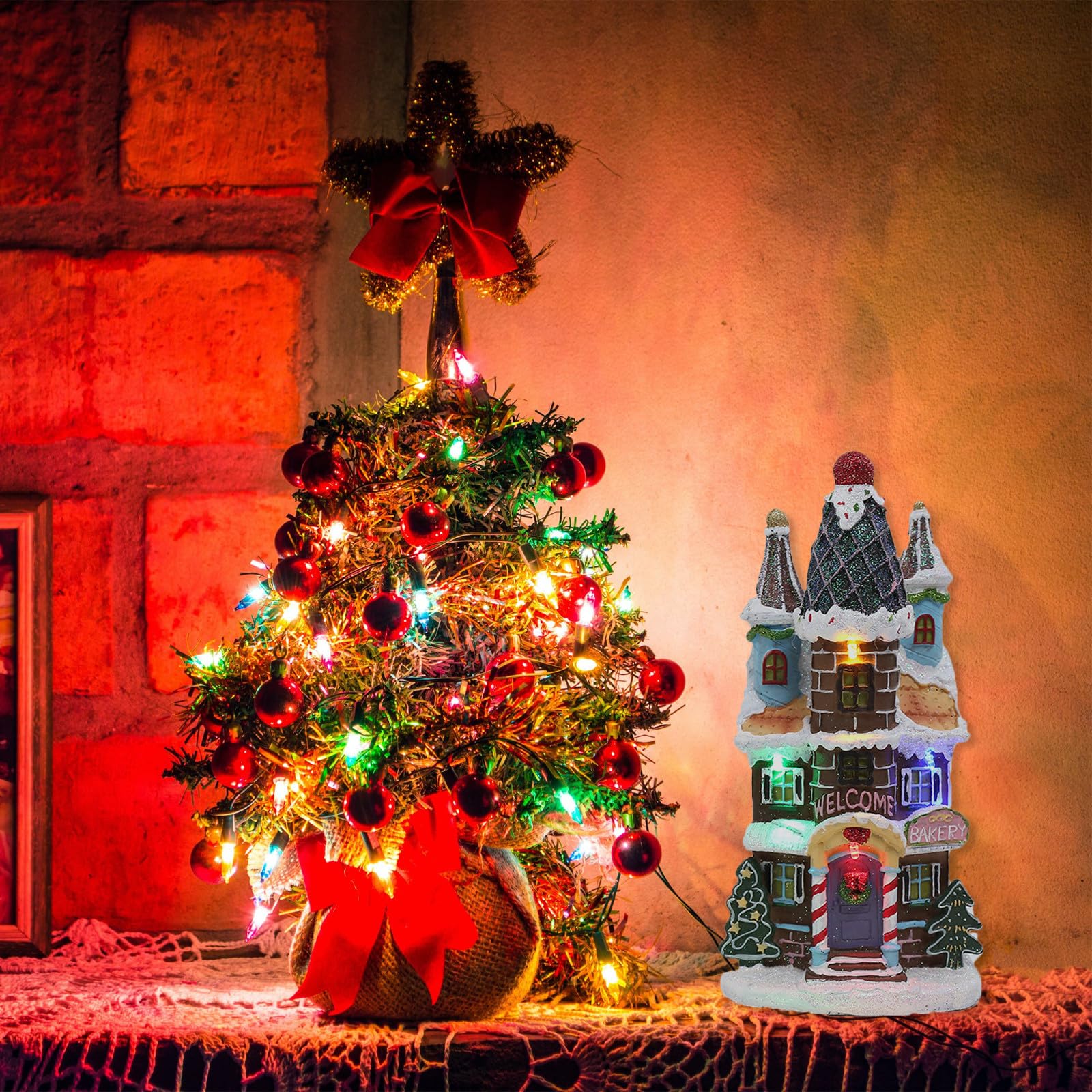 DOITOOL Adorno Navideño de Resina Luminosa Luz LED para Fiestas y Bodas, Casa de Navidad Ligera y Decorativa para Invierno