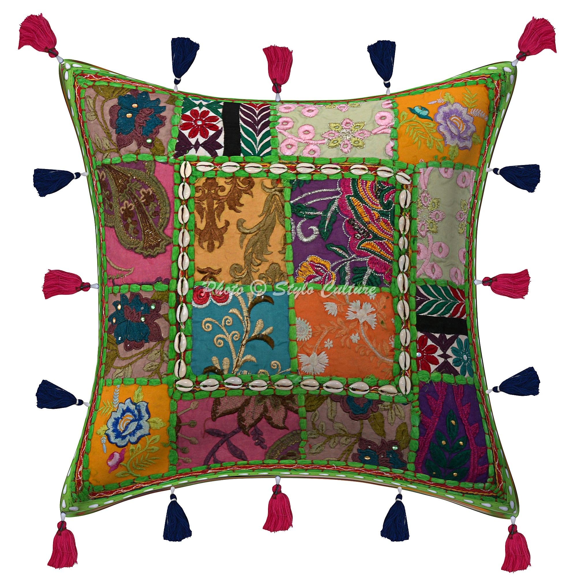Bohemien Dekorativ Baumwolle Sofa Kissenbezüge 40x40 cm Papagei Grün Dekokissen Gesticktes Patchwork Wohnzimmer Couch Kissenhullen Blumen Quadrat Kissen Bezüge - 4 STK.