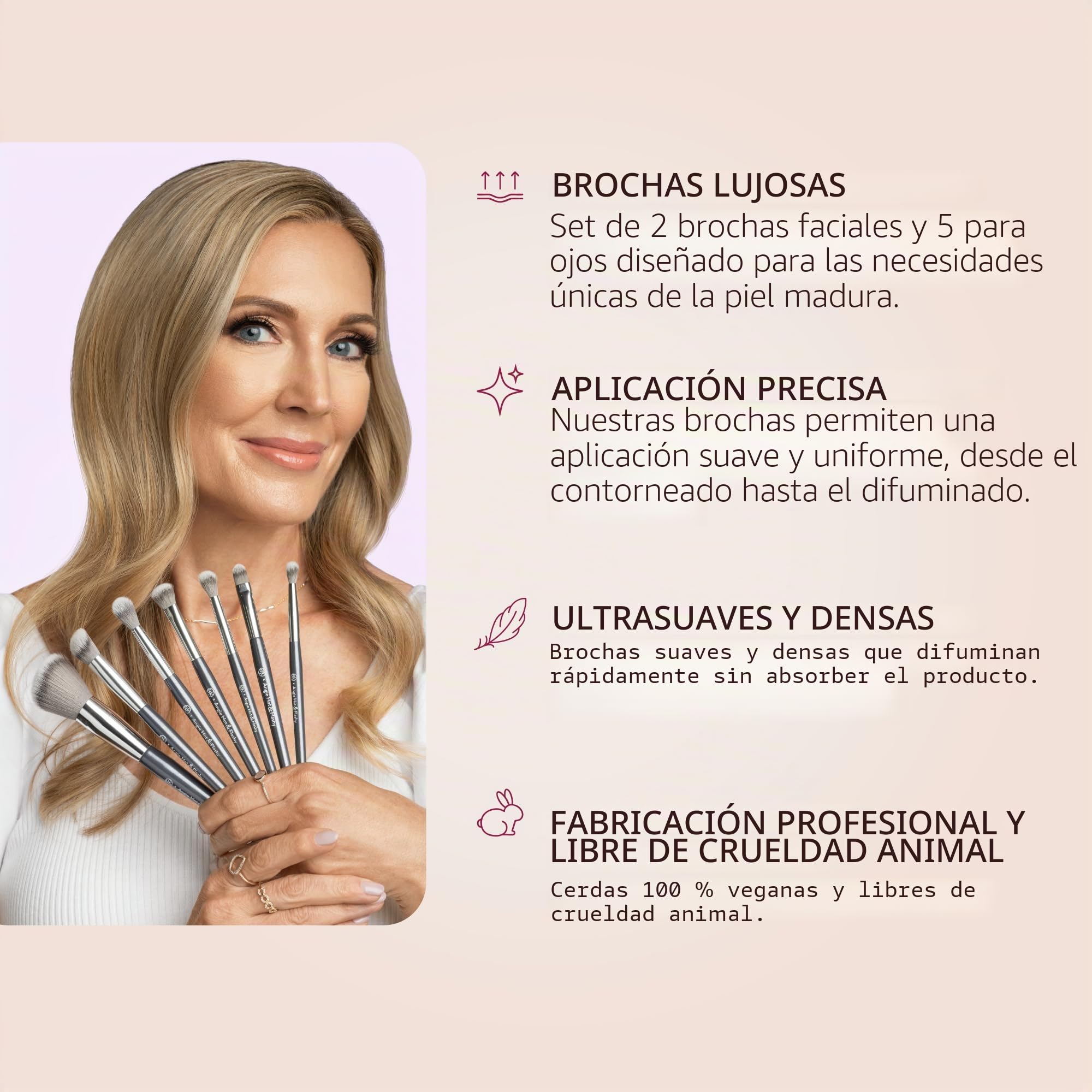 BK BEAUTY BRUSHES - ANGIE HOT & FLASHY - Juego de brochas de maquillaje (7 piezas) - Brochas de maquillaje para bases líquidas o en crema - Corrector debajo de los ojos | Brocha de maquillaje