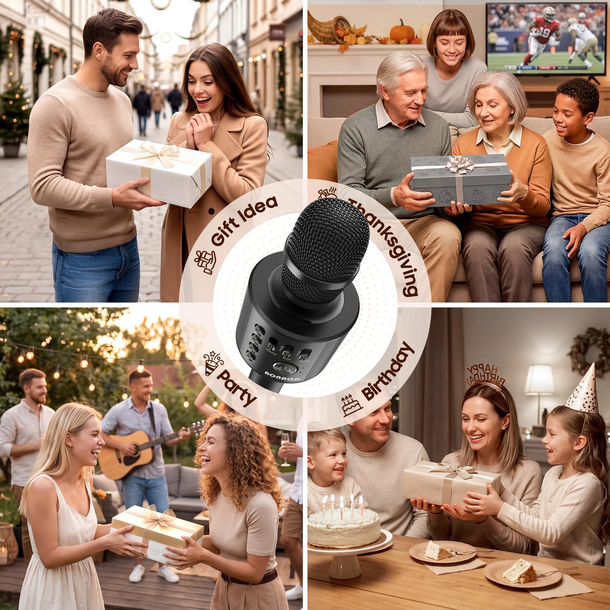 BONAOK Bluetooth Karaoke Mikrofon Erwachsene, Tragbares 3 in 1 Karaoke Mic, Handmikrofon für iPhone Android PC Smartphone (Schwarz)