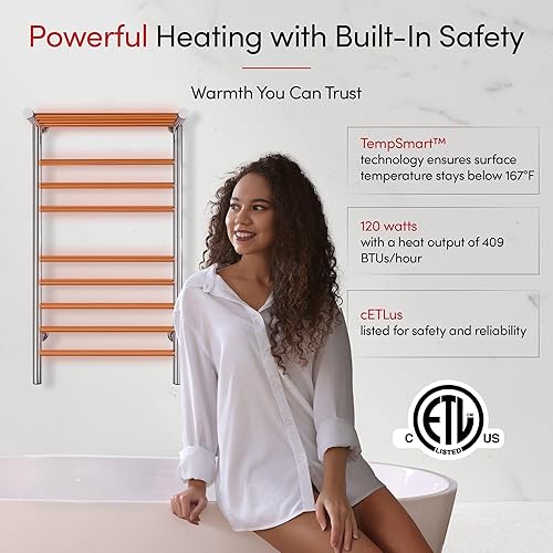 Miniatura 8 de WarmlyYours Calentadores de toallas para baño, toallero térmico montado en la pared con estante, 11 barras de acero inoxidable pulido, 20 x 36