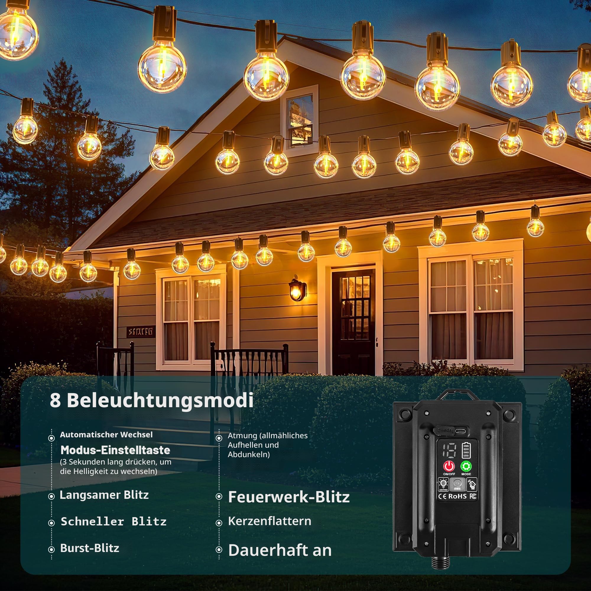 Solar Lichterkette Aussen Outdoor, LED Solarlichterkette Außen Wetterfest 17,1M 24+1 G40 Glühbirnen mit Fernbedienung 8 Modi 3 Timer IP44 Wasserdicht für Balkon Garten Pavillon Terrasse Hochzeit Party
