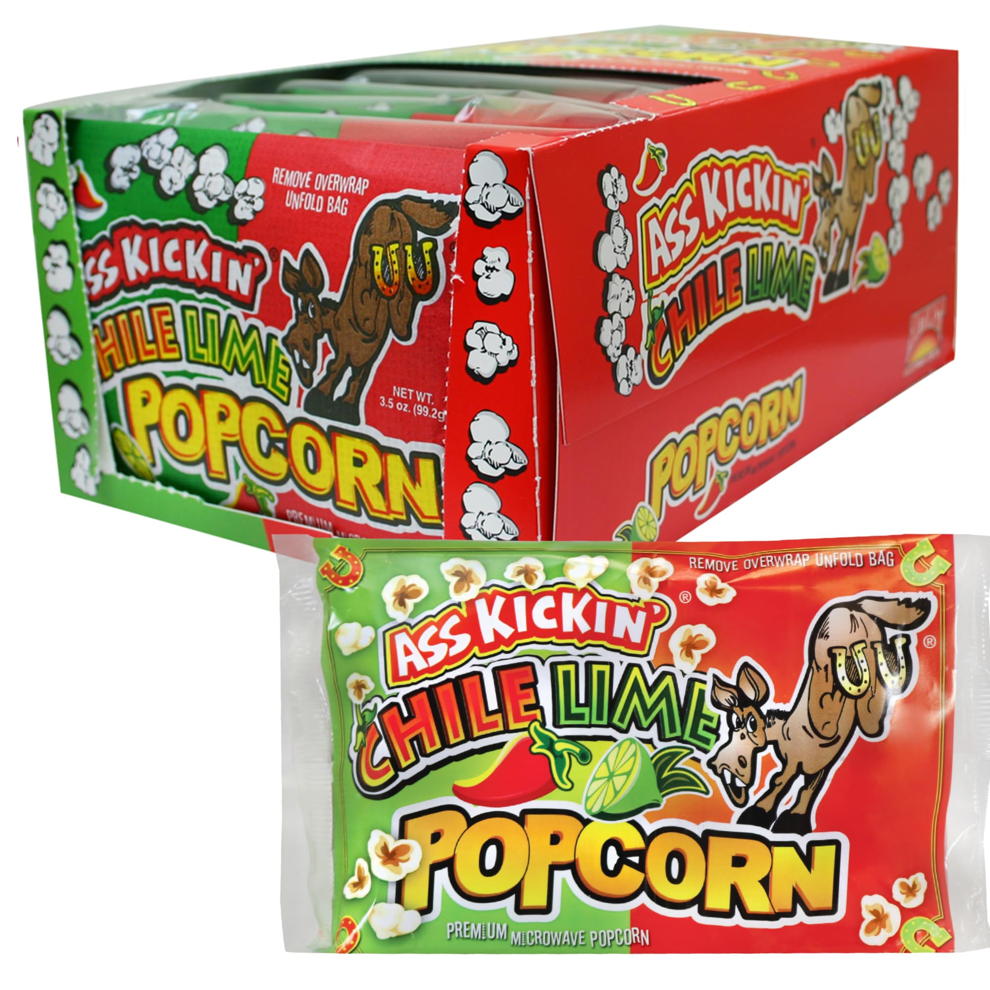 ASS KICKIN' Chile Lime Microwave Popcorn Bags - 12 Pack - Ultimate Spicy Popcorn Gourmet Gift - Makes a Great Movie Theater Popcorn or Snack Food for
