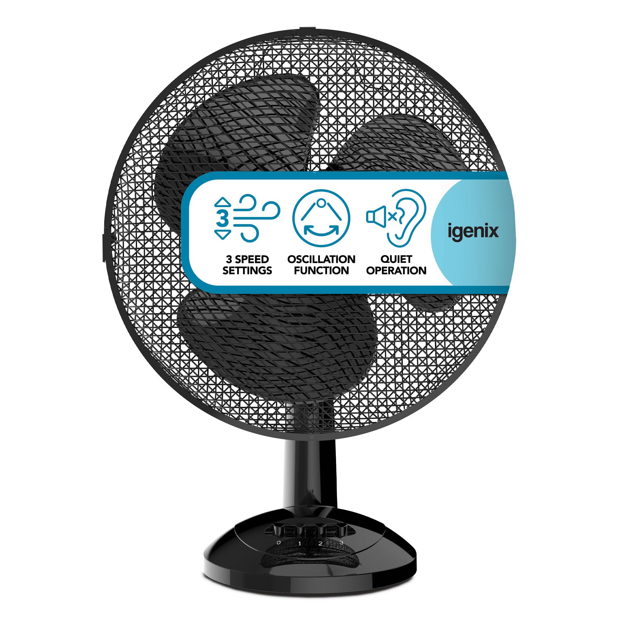Igenix DF1210 12” Portable Desk Fan – 3 Speed Settings, Quiet Oscillating Airflow, Compact Desktop or Bedside Cooling – Ideal for Home & Office – Black