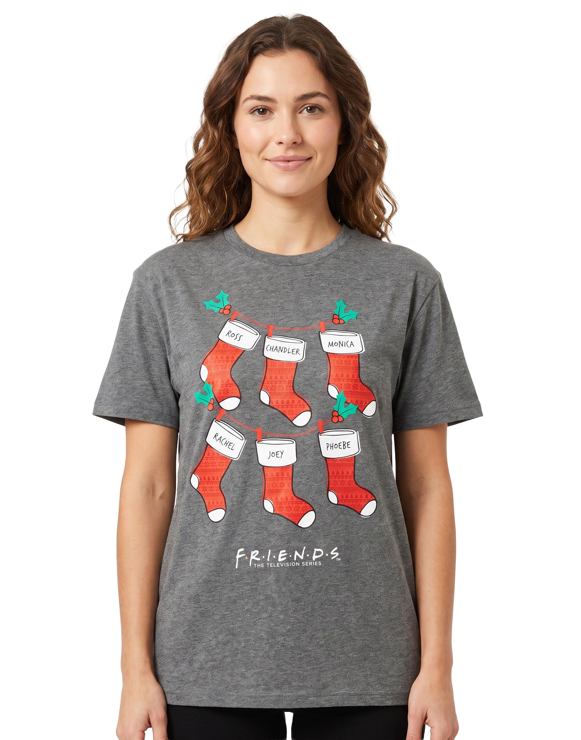 Friends Women's Grey Christmas T-Shirt For | F.r.i.e.n.d.s Tv Show Festive Stockings Top | Short Sleeve Central Perk Xmas Outfit