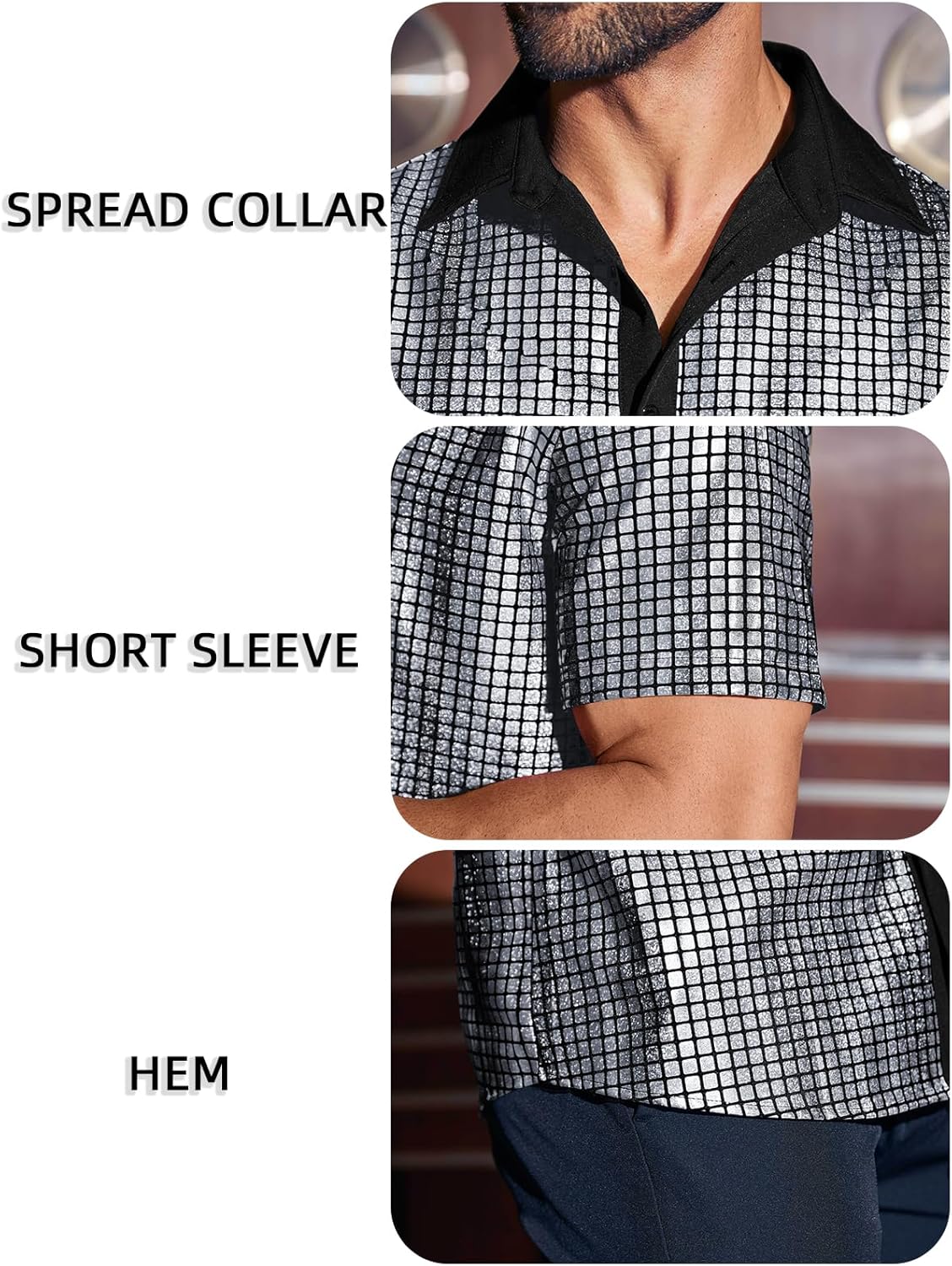 Runcati Mens Disco Shirt 70s Shirts Short Sleeve Button Down Vintage Sequin Metallic Disco Outfits Party Costume Top - Image 5