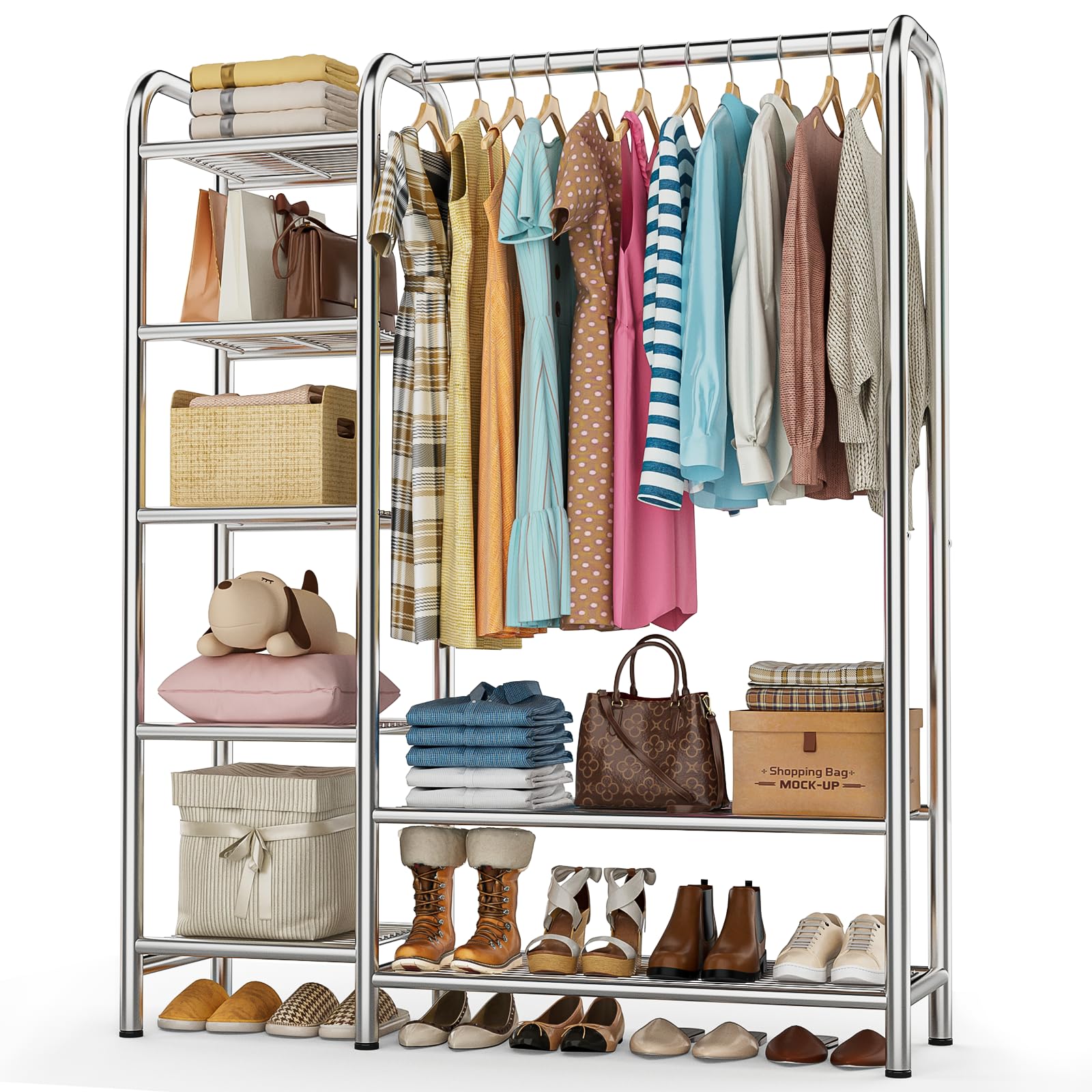 Heavy Duty Clothes Rack with 5 Tiers Shelves Max Load 670LBS Portable Freestanding Multi-Functional Metal Clothing Rack with
