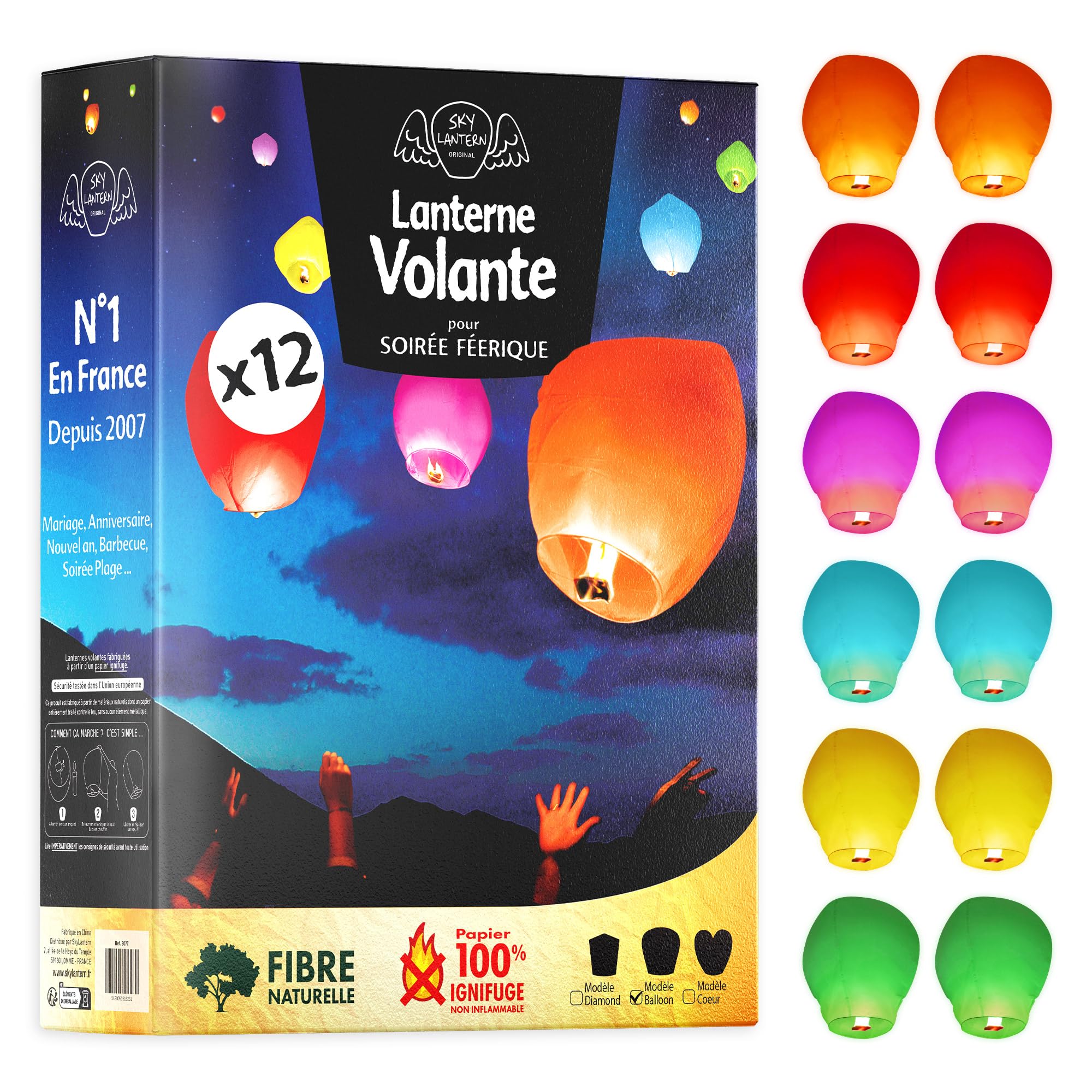 Set di 12 lanterne Sisweekly volanti Skylantern® originale senza colata di cera, Envol garantito. Colore: Multicolore