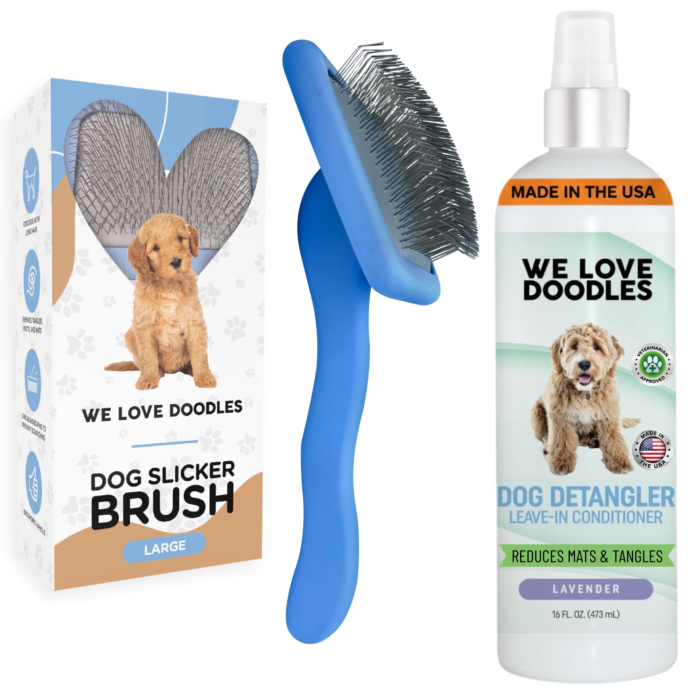 We Love Doodles Large Slicker Brush & Lavender Detangler Spray Pack - Goldendoodle Brush & Dog Leave-In Conditioner for Reducing Mats, Knots & Tangles