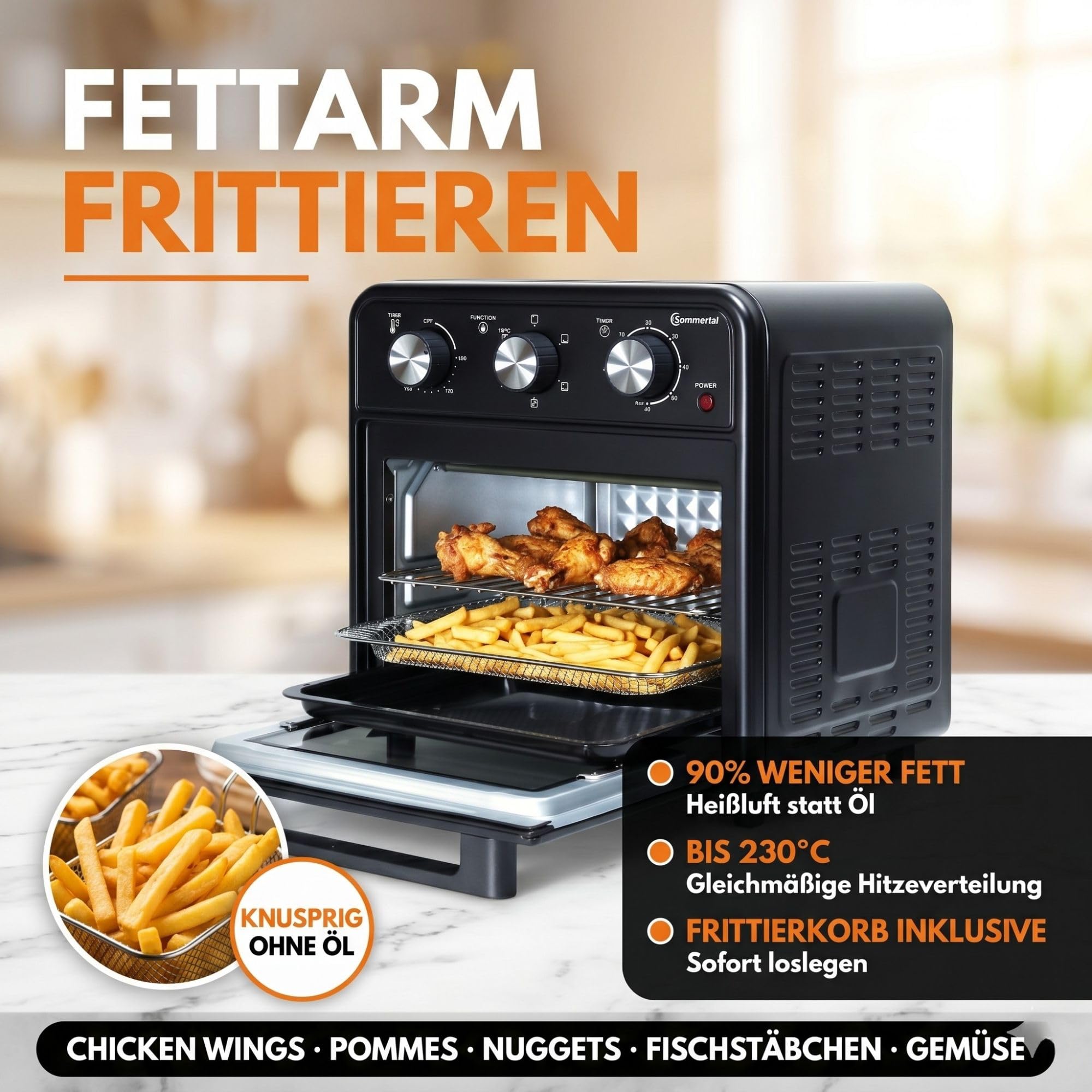 Sommertal Mini forno da 20 litri con convezione e friggitrice ad aria calda, mini forno da 1800 W per cuocere, grigliare e pizza, forno da tavolo piccolo con funzione Airfryer, 100 – 230 °C, timer da