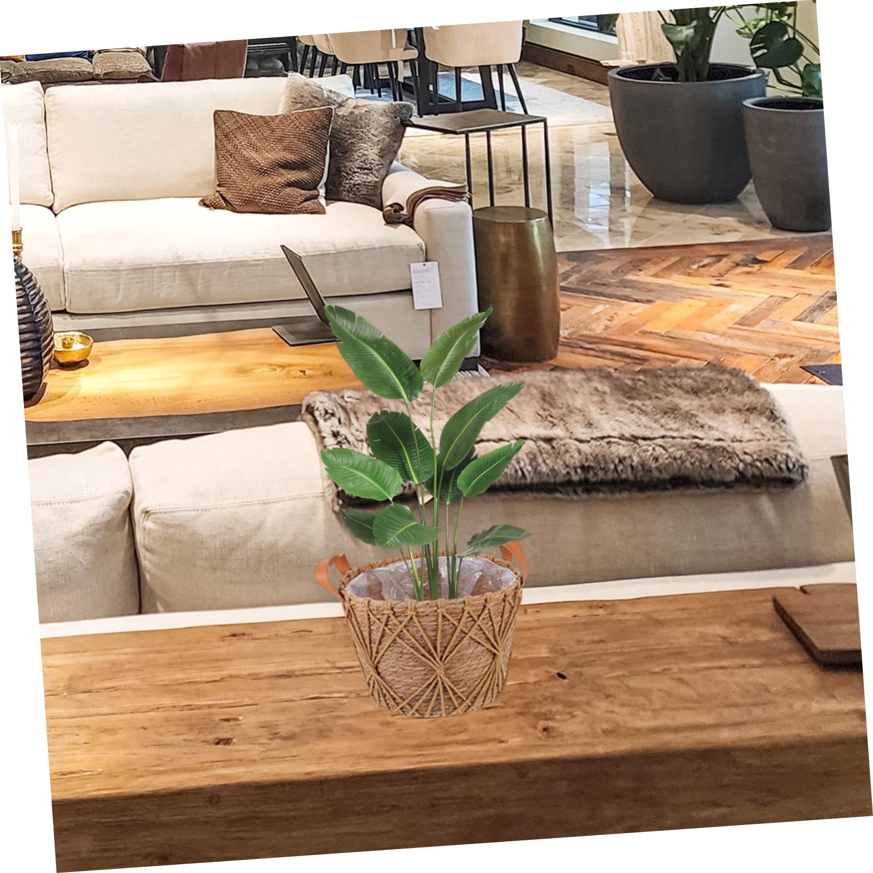 Happyyami Panier à Fleurs Tissé Main en Paille, Jardinière Ronde Multi-Usage pour Plantes D'intérieur, Salon et Chambre, Décoratif et Pratique