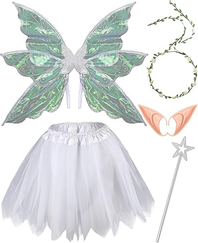 Hicarer Juego de 5 piezas de disfraz de ala de hada de mariposa para mujer, ala, elfo, oreja, flor, corona, varita de estrella, falda tutú verde, Hicarer Juego de 5 piezas de disfraz de ala de hada de mariposa para mujer, ala, elfo, oreja, flor, corona, varita de estrella, falda tutú verde,