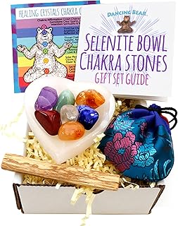 DANCING BEAR 3" Selenite Heart Bowl, 7 Tumbled Chakra Stones & Silk Bag Gift Set, Healing Crystals kit with Palo Santo for...