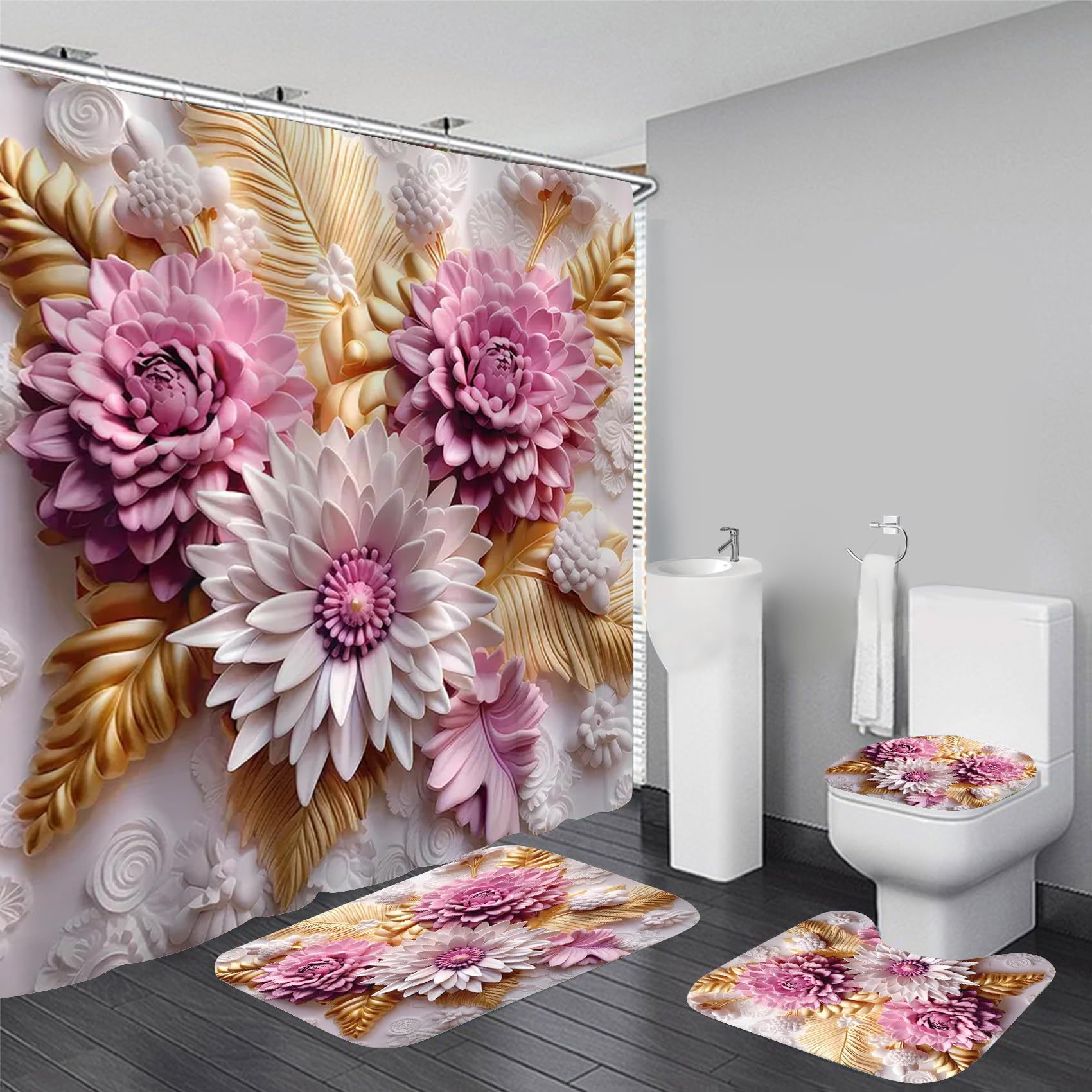 Chrainy 4Pcs 3D Floral Shower Curtain Sets Elegant Pink and White Blossom Flowers Bathroom Accessories Set Modern Minimalism Waterproof Spring